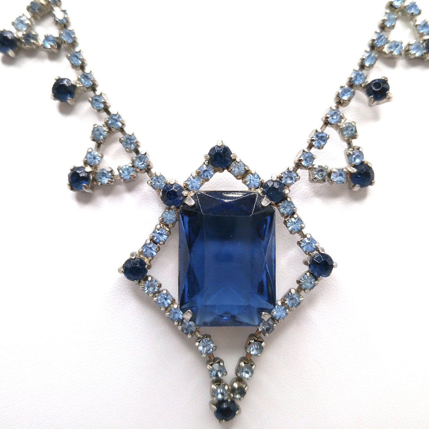 Mid-Century Blue Glass Pendant Necklace, Dark Light Blue Rhinestones, 1950s Vintage Jewelry