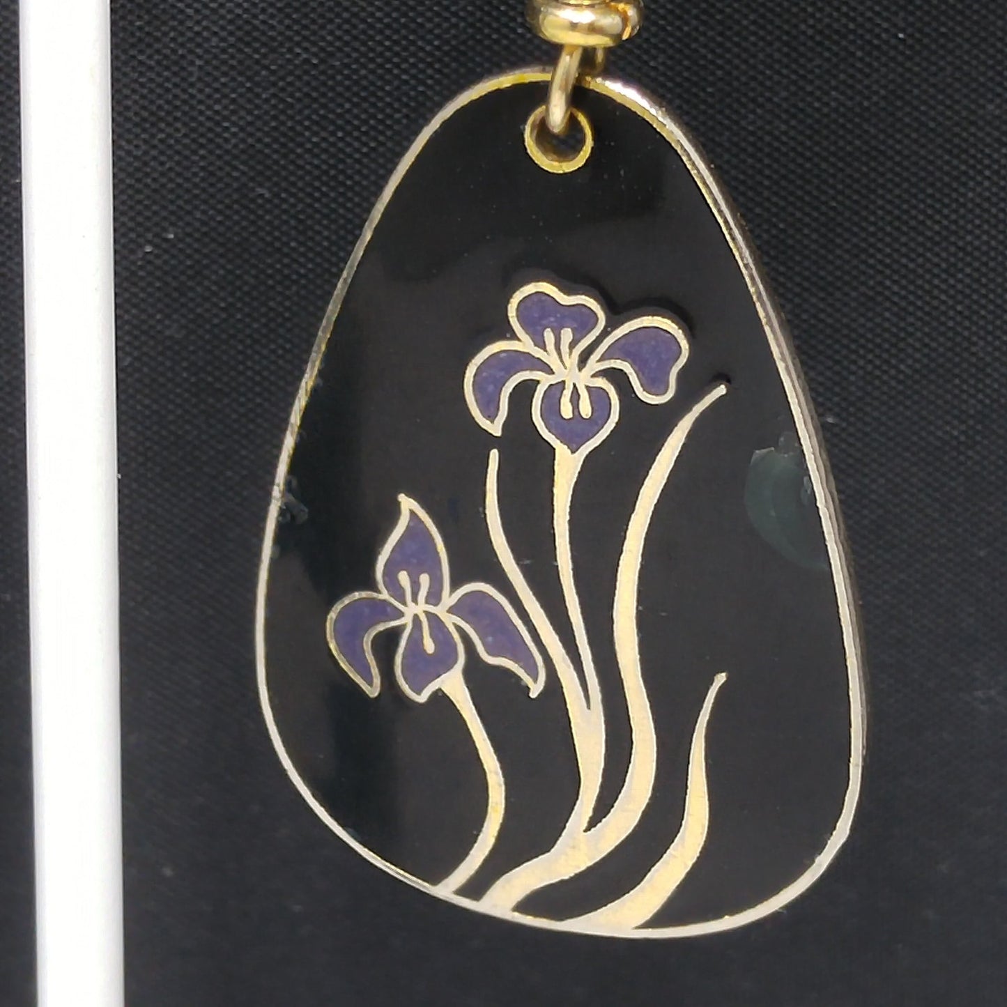 Vintage Laurel Burch Black Enamel Purple Lily Earrings, Gold Plated