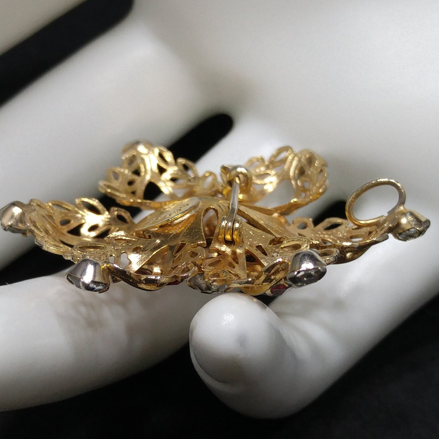 Scitarelli Mid-century Pink Clear Rhinestone Floral Brooch Pendant, 1950s Vintage Jewelry