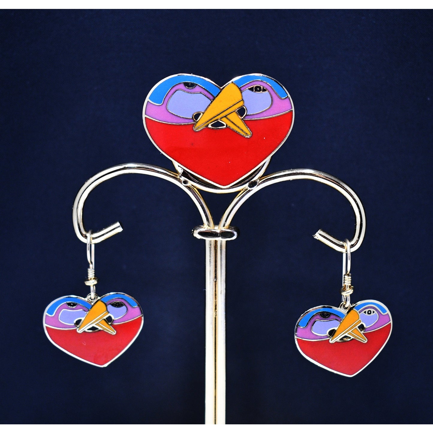 Laurel Burch "Bird Heart" Red Brooch & Earrings, Gold Plated Cloisonne Enamel, 1980s Vintage Jewelry