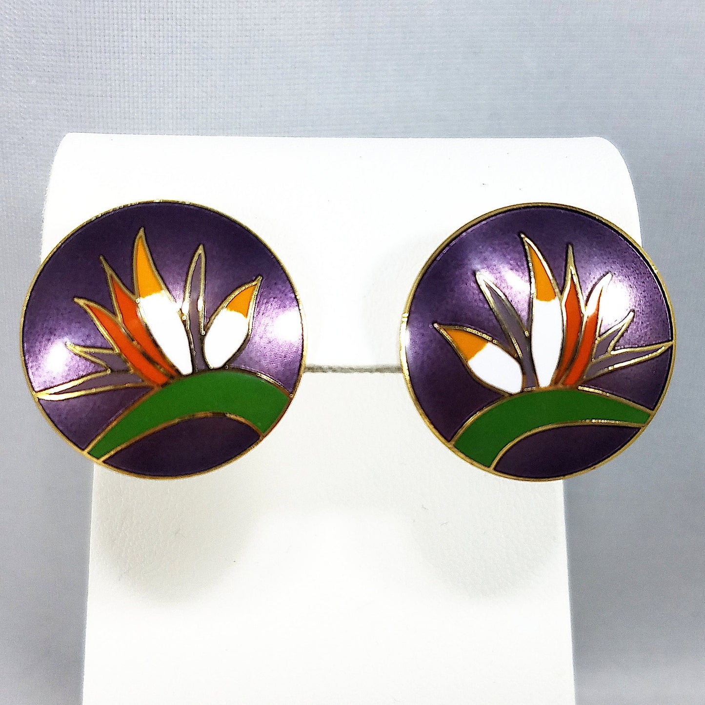 Vintage Laurel Burch Bird of Paradise Post Earrings Gold Cloisonne Enamel