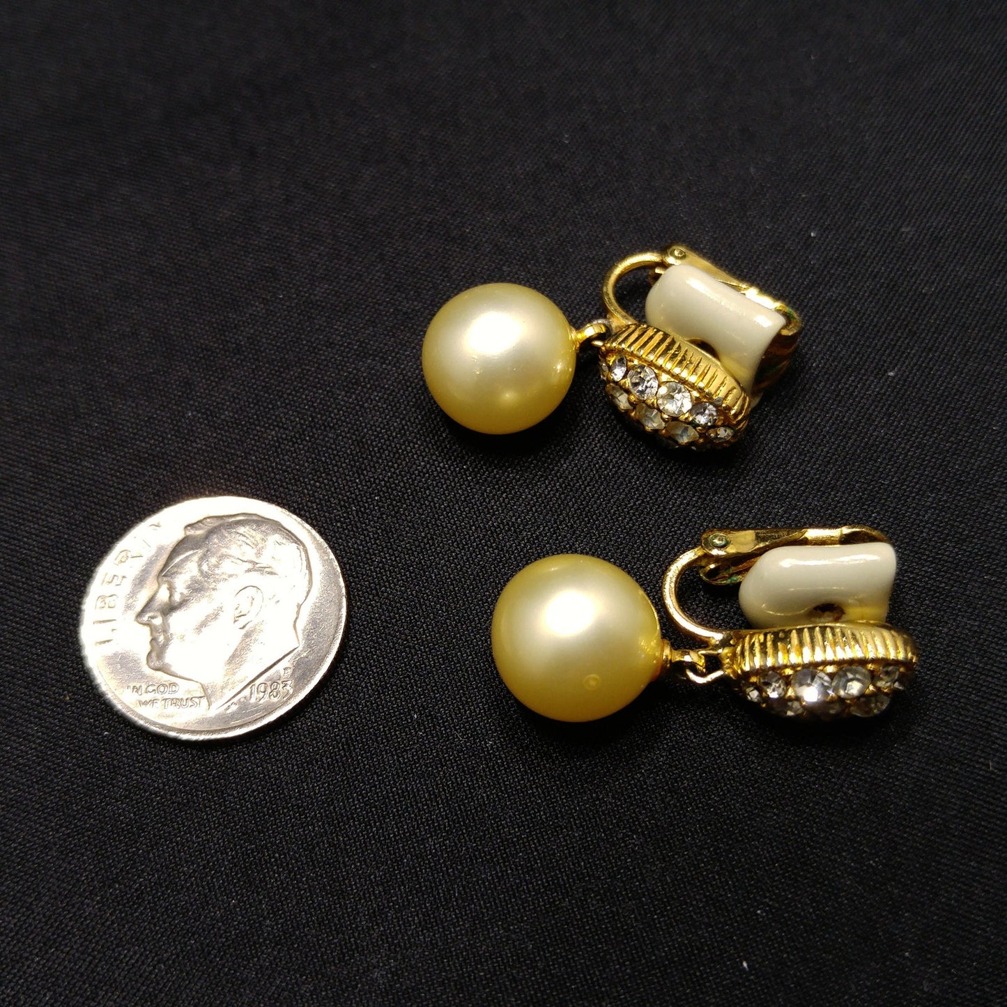 Ciner Faux Pearl Dangle Clip Earrings, Clear Rhinestones, Gold Plated, 1970s Vintage