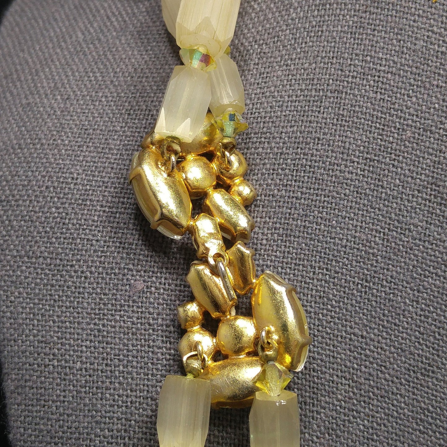 Czech Art Glass Hand Cut Satin Bead Necklace, Yellow Fire Polished Crystals