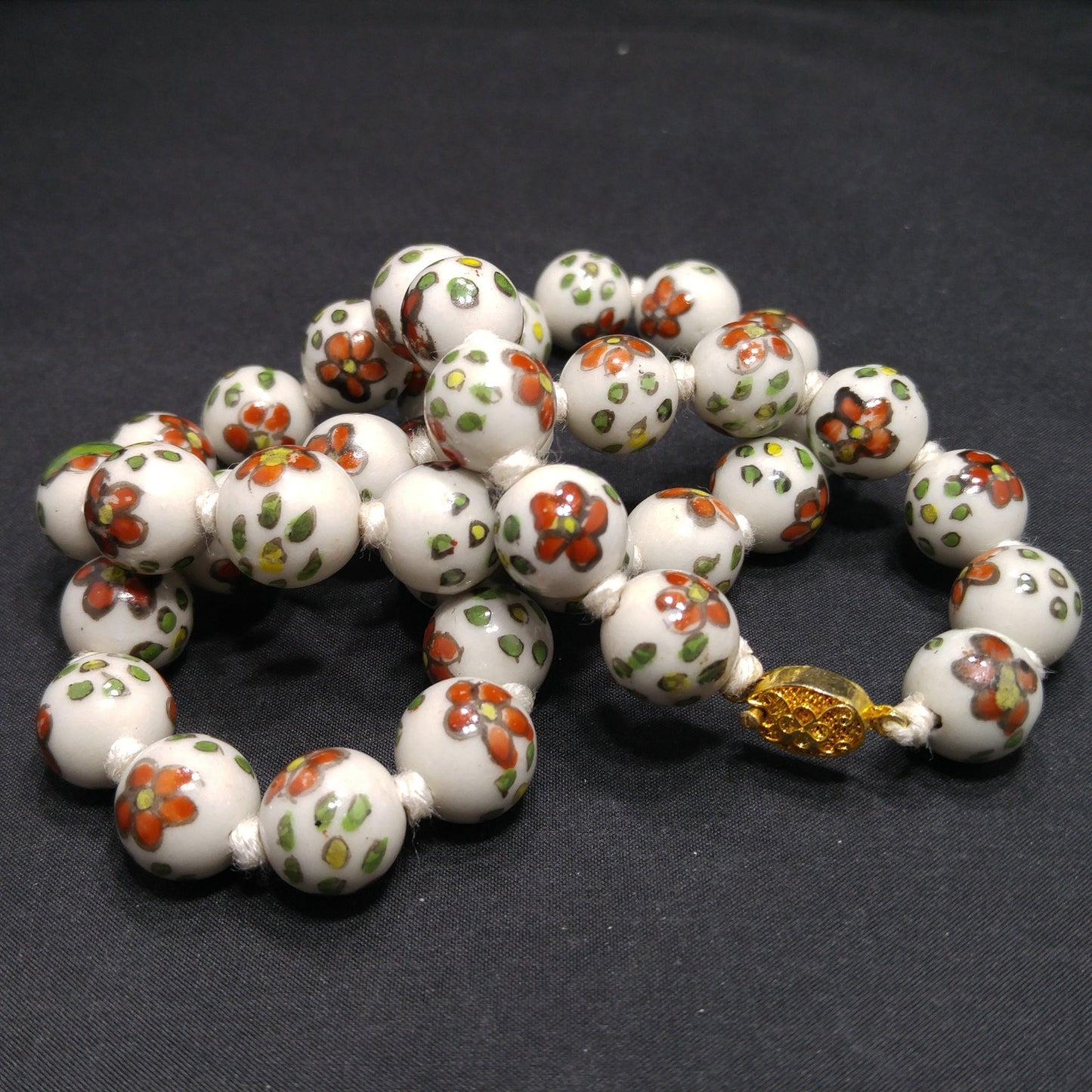 Vintage Ceramic Hand Painted Bead Necklace, Chinese Import, Hand-Knotted, 1960s