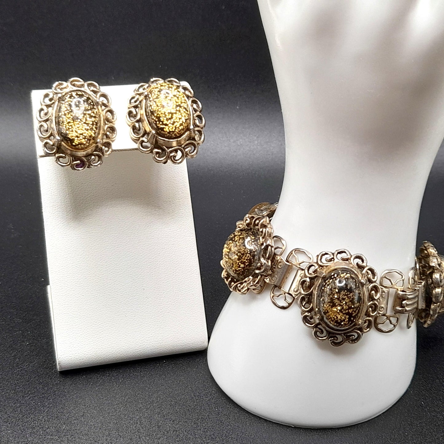 Vintage Glitter Lucite Bracelet Earrings Set, Book Chain, 1950s Vintage Jewelry