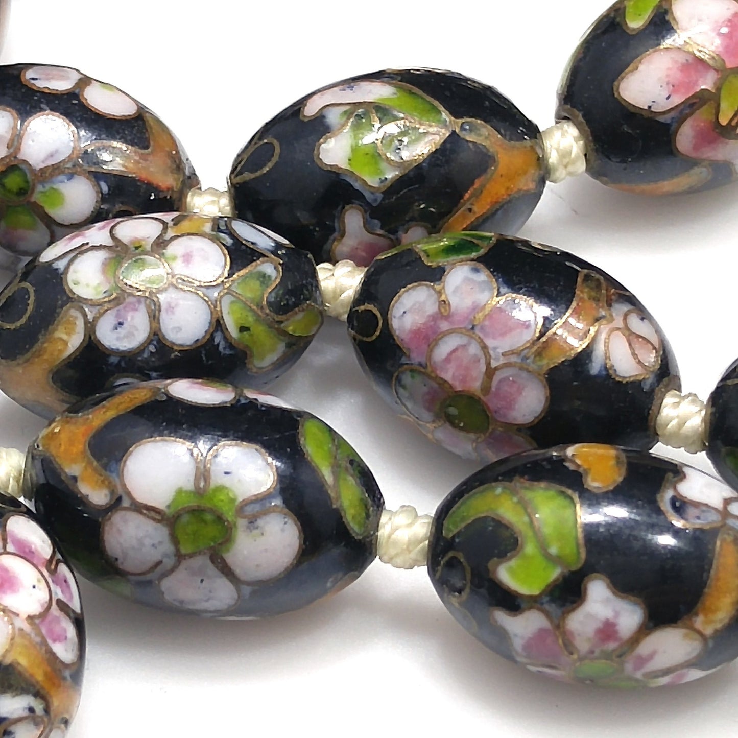 Vintage Cloisonné Beaded Necklace, Black Hand Painted Floral Beads, 1960s Vintage Jewelry