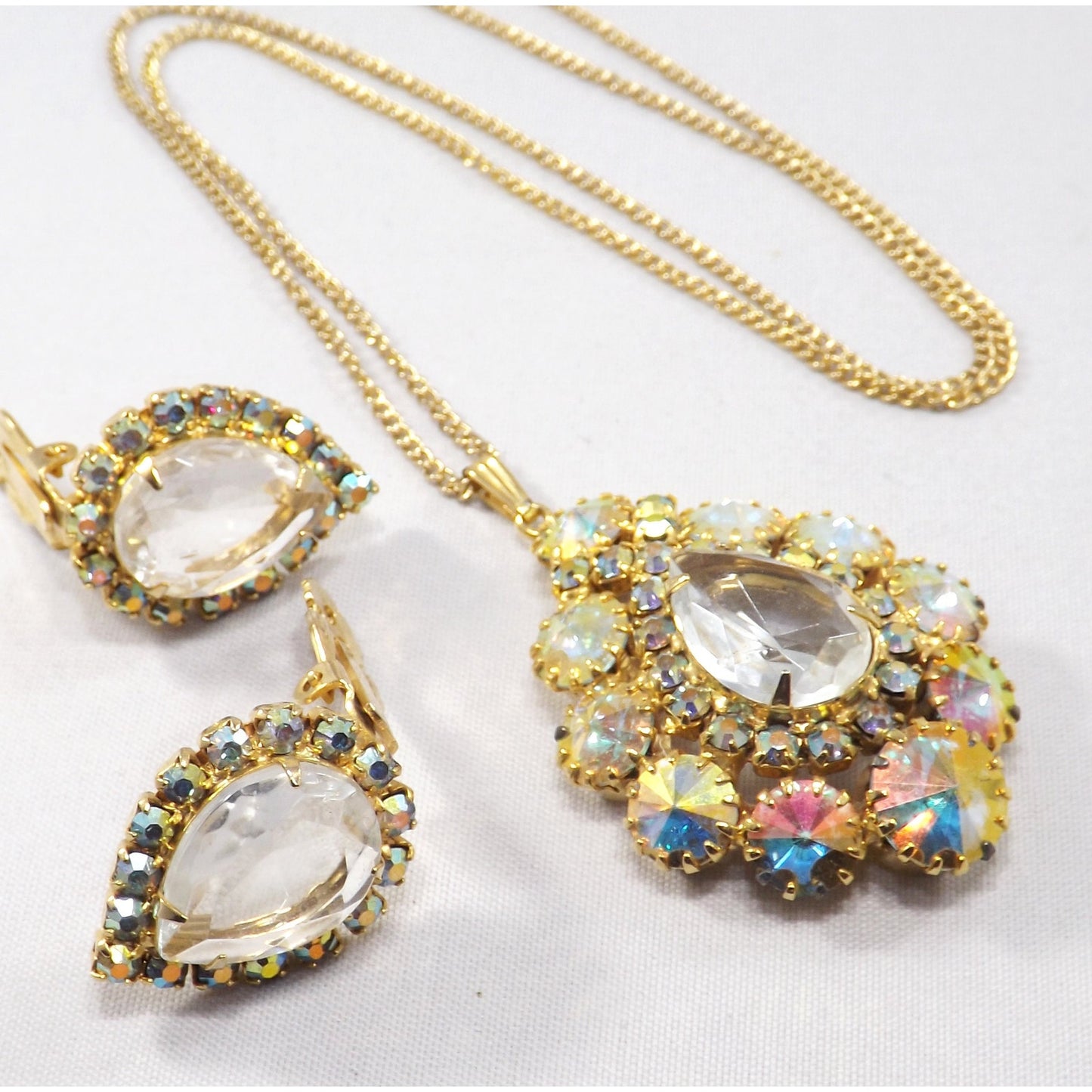 Vintage AB Pendant Necklace & Earrings, Rivoli Rhinestones, Gold Plated