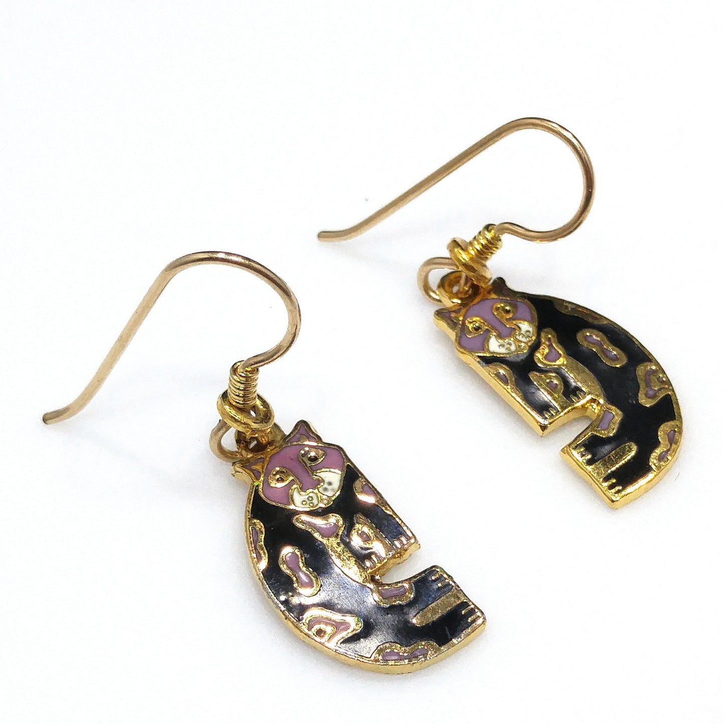 Laurel Burch Baby Snow Leopard Earrings, Cloisonne Black Enamel, Gold Plated, 1980s Vintage Jewelry