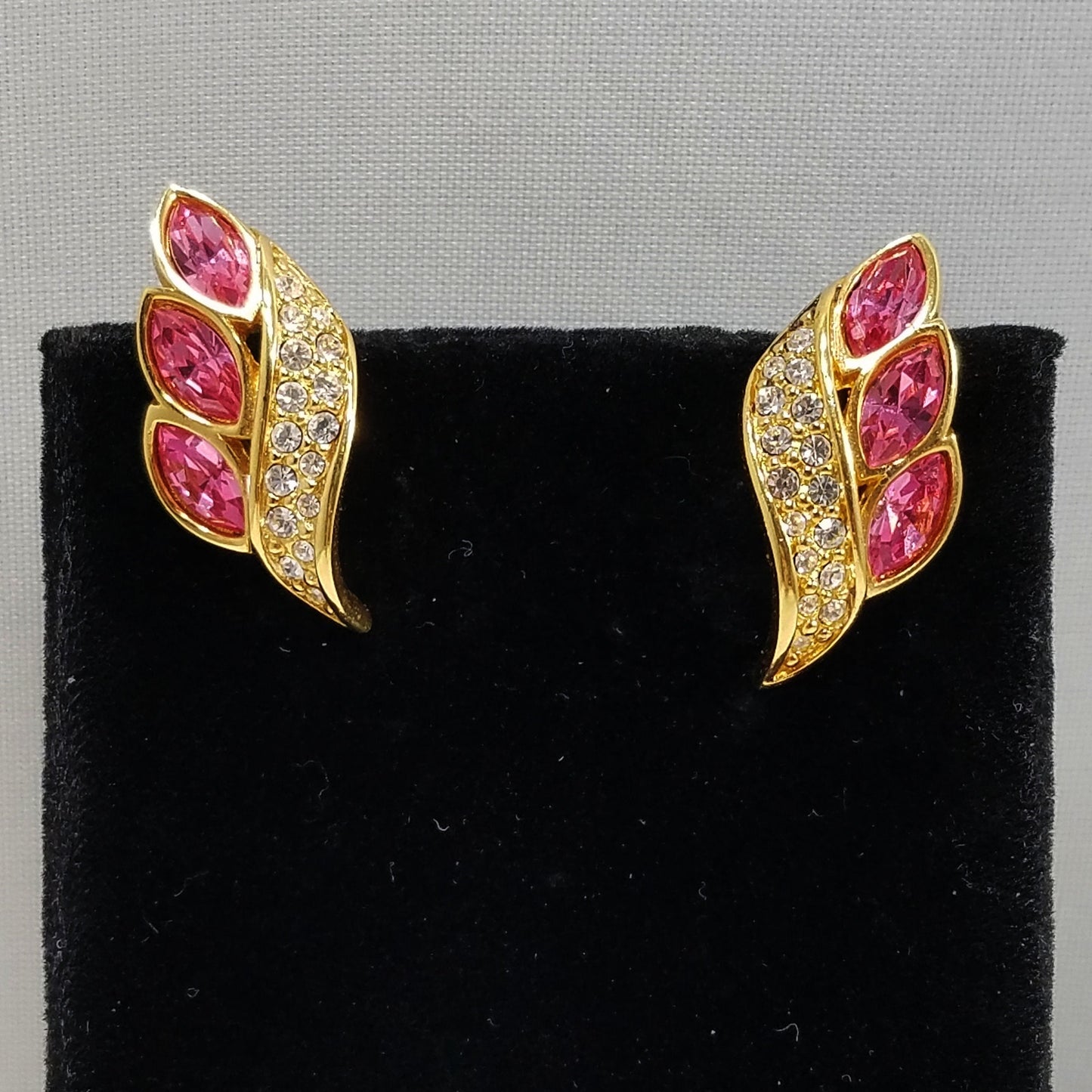 S. A. L. Swarovski Pink Rhinestone Earrings, Gold Plated Post Earrings, 1980s