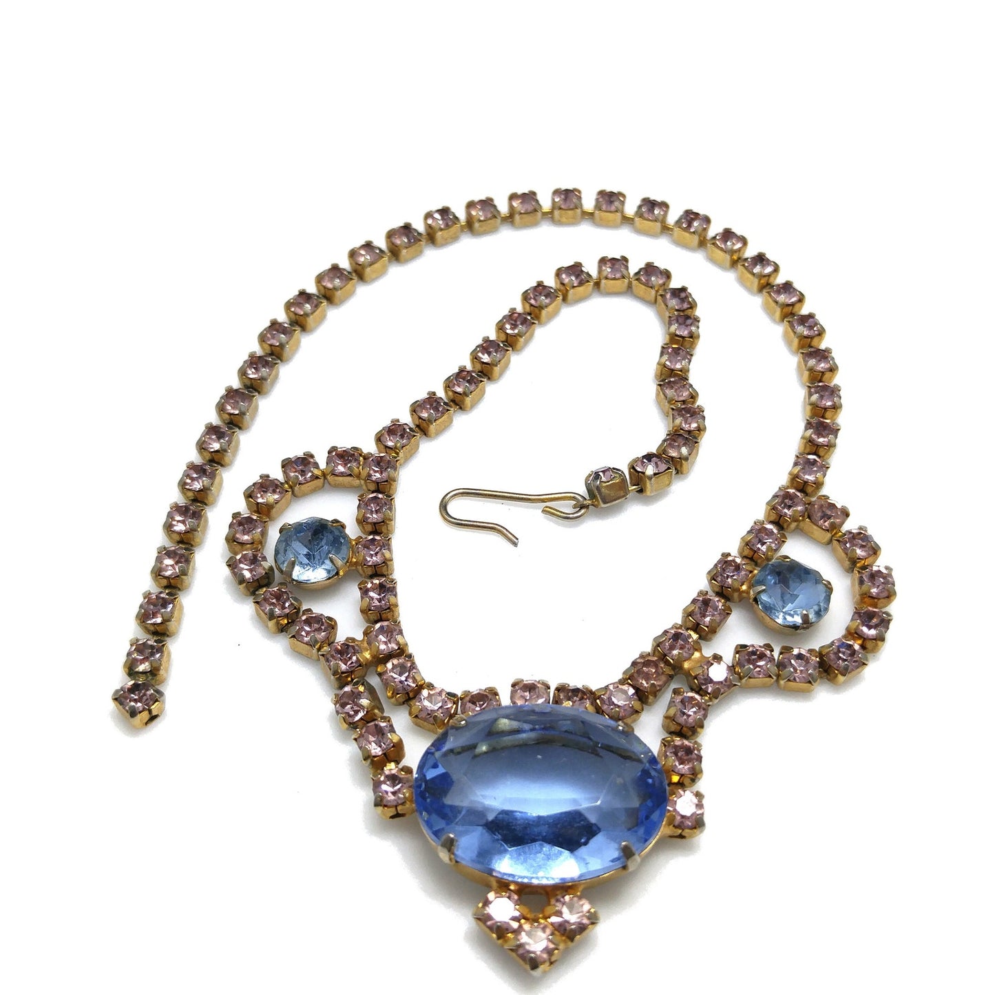 Large Blue & Pink Rhinestone Necklace, Gold Plated, 1950s Vintage Jewelry