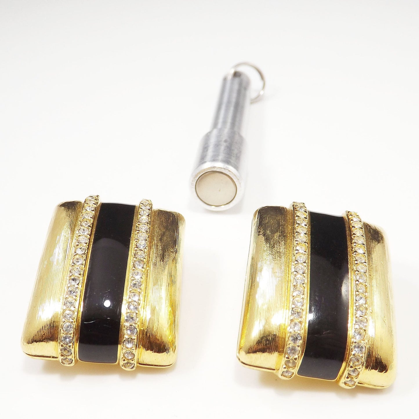 Vintage Swarovski Gold Black Enamel Clip Earrings, Crystal Rhinestones Swan Logo