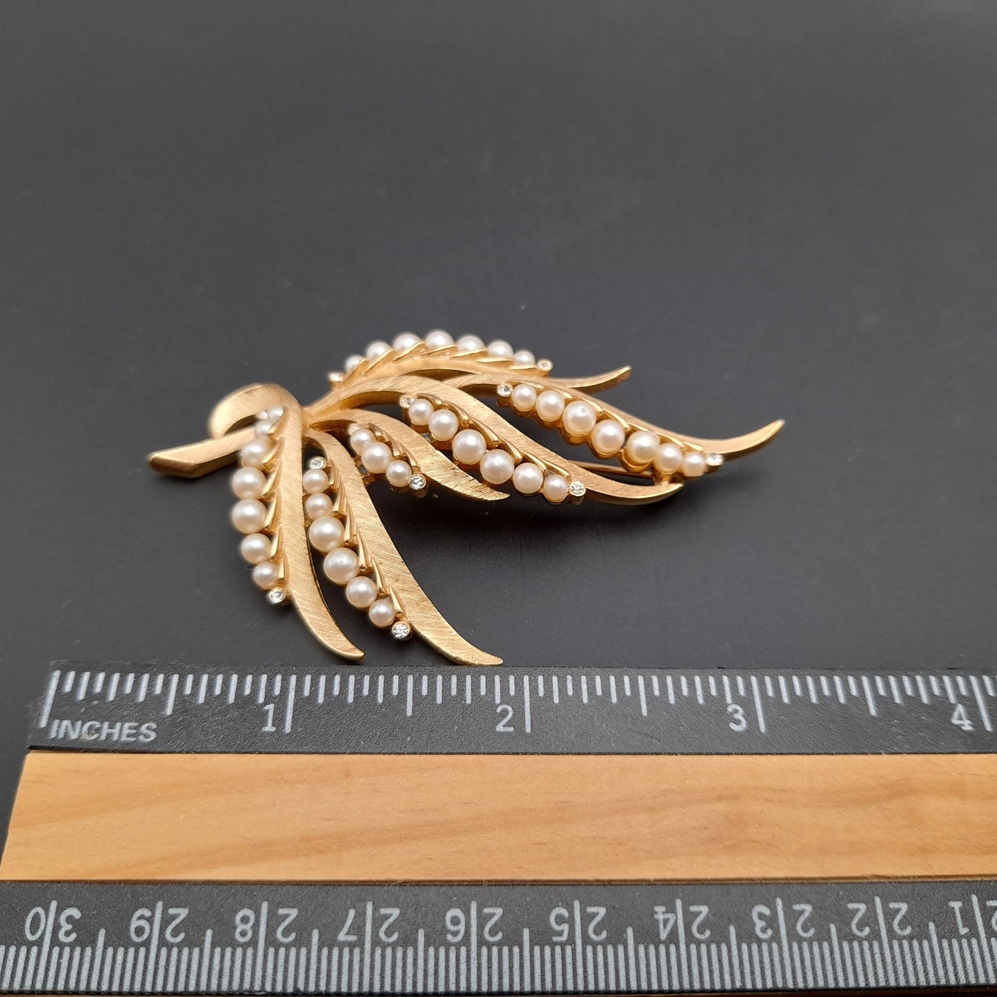 Vintage Crown Trifari Brooch – Gold Plated Satin Finish with Faux Pearls & Rhinestones