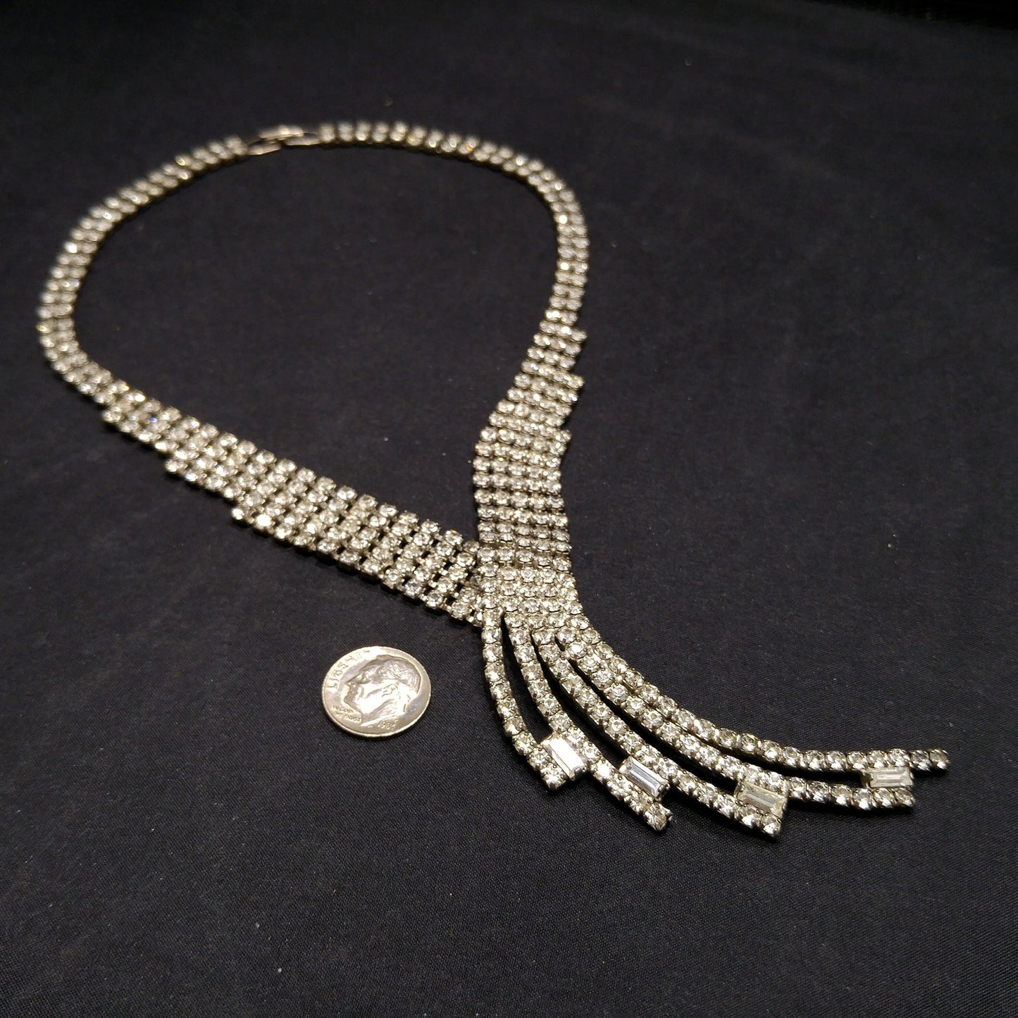 Vintage 1950s Rhinestone Statement Necklace – Five Strand Fringe Drop – Clear Crystal Bridal Jewelry