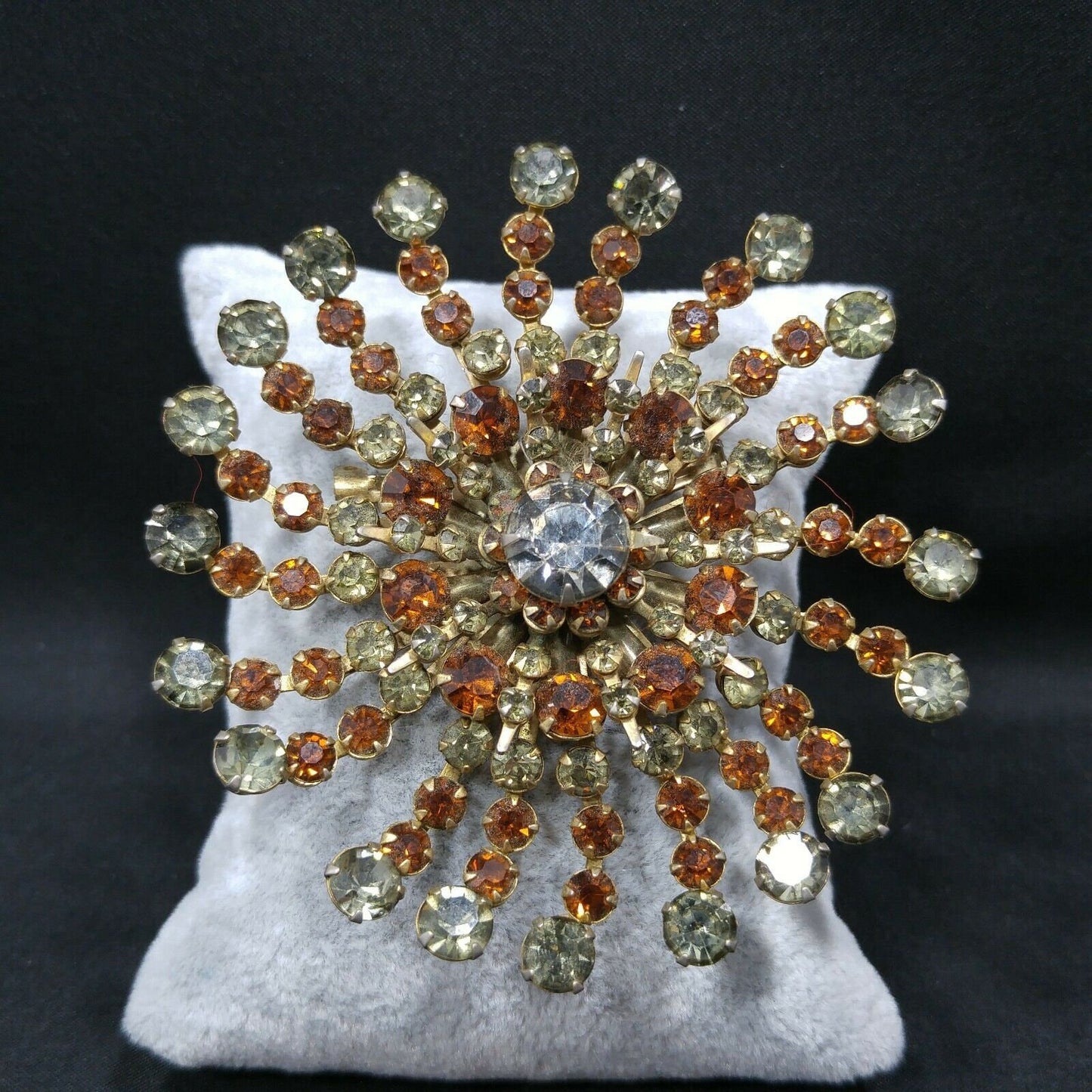 Vintage 1950s Rhinestone Flower Brooch Large Gray Topaz Floral Burst Pin