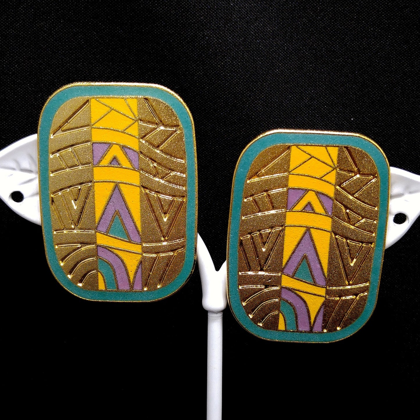Laurel Burch "Senegal" Large Post Earrings, Cloisonné Gold Plated Enamel, 1980s Vintage Jewelry