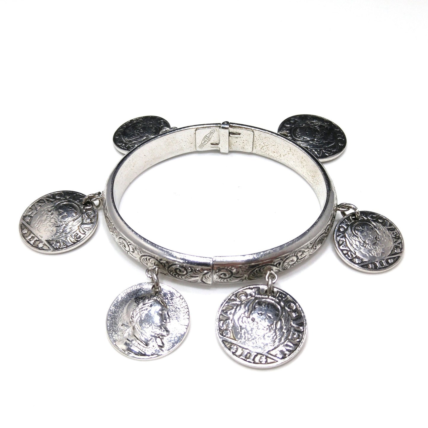 Whiting & Davis Hinged Bracelet, Six Faux Coins, Book Piece, 1980s Vintage Jewelry