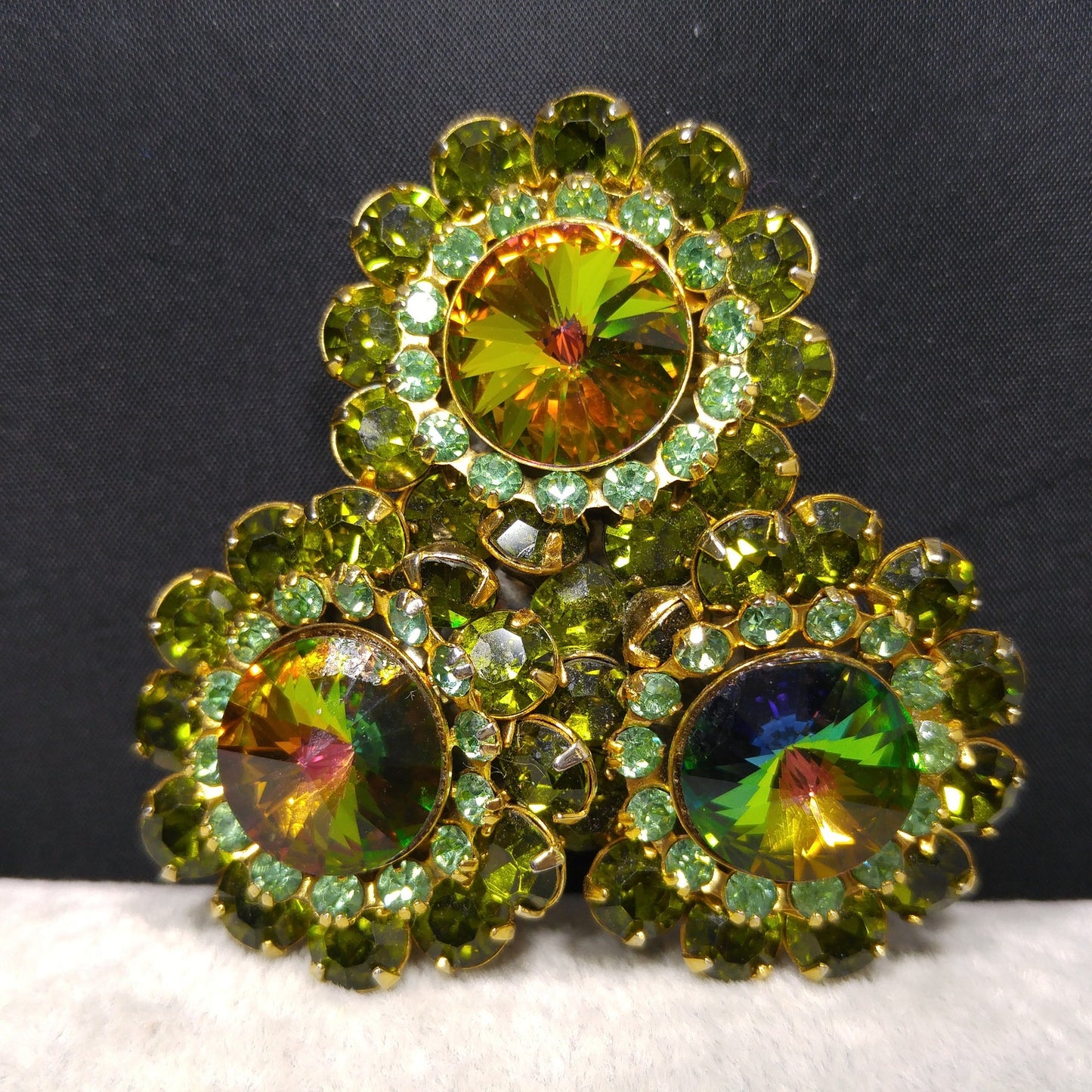Green Watermelon Rivoli Rhinestone Brooch, Uranium Glass Rhinestones, 1960s Vintage Jewelry