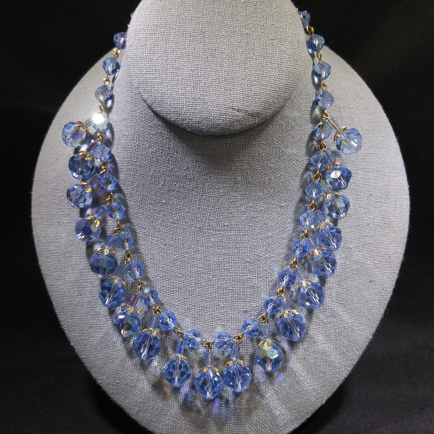 Blue Crystal Dangling Necklace, Light Blue Faceted Beads, 1960s Vintage Jewelry