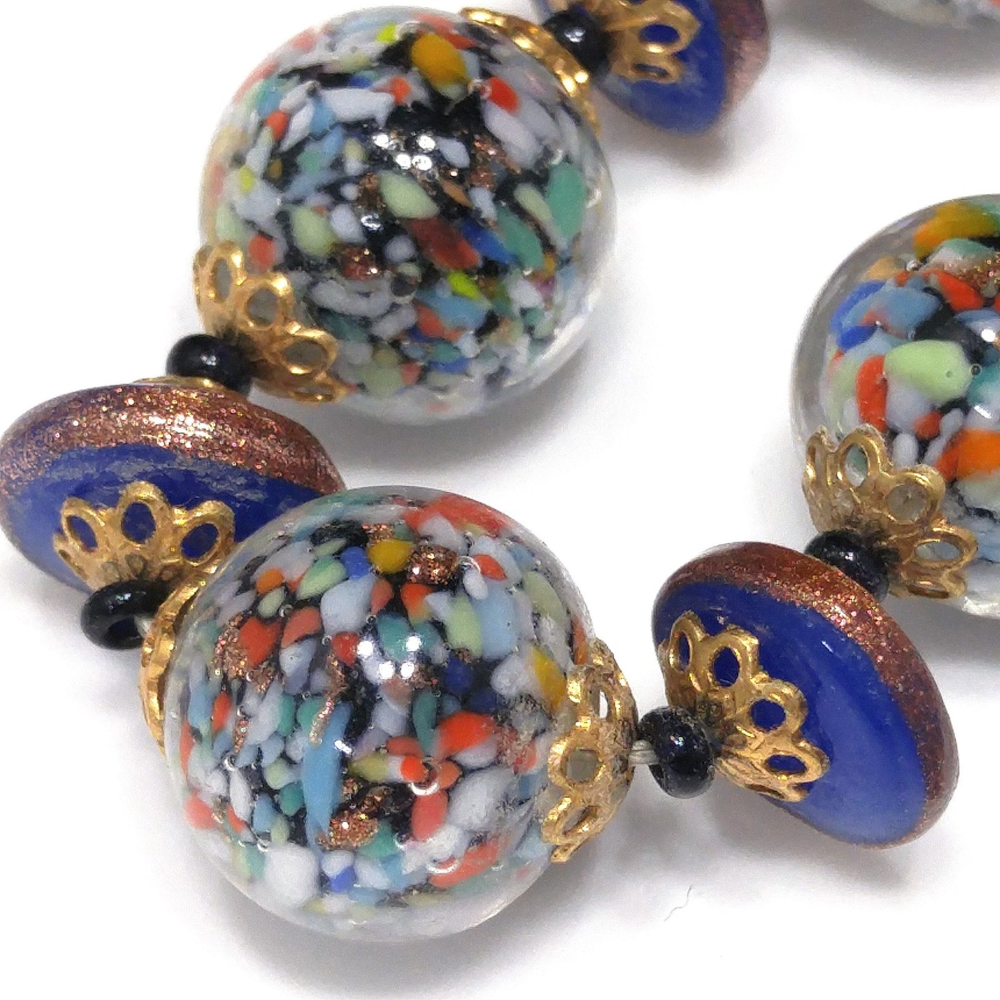 Murano Speckled Glass Beaded Necklace, Cobalt Blue Aventurine Glitter Glass, 1950s Vintage Jewelry