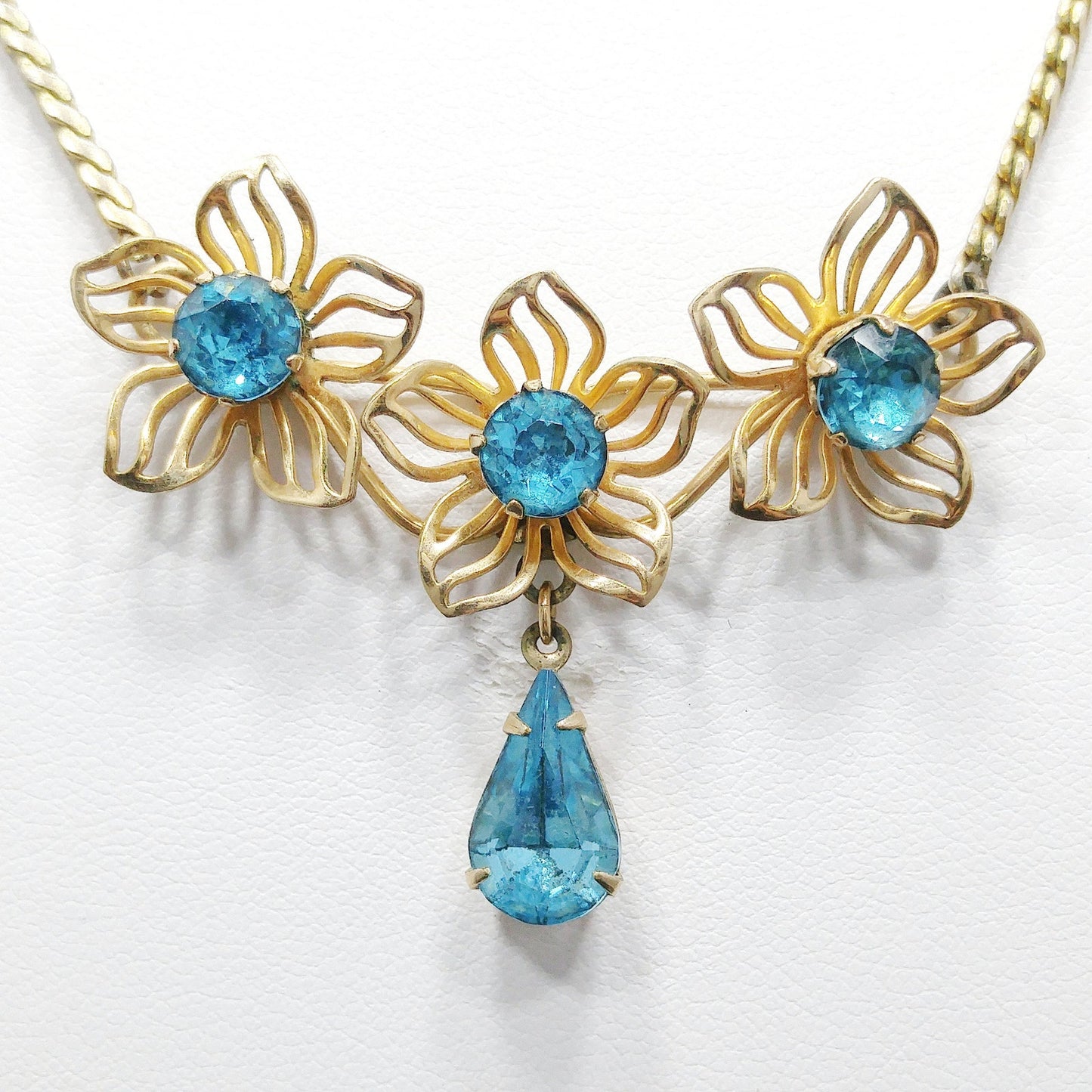 Van Dell Turquoise Rhinestone Necklace, 12K Gold Filled, 1940s Vintage Jewelry