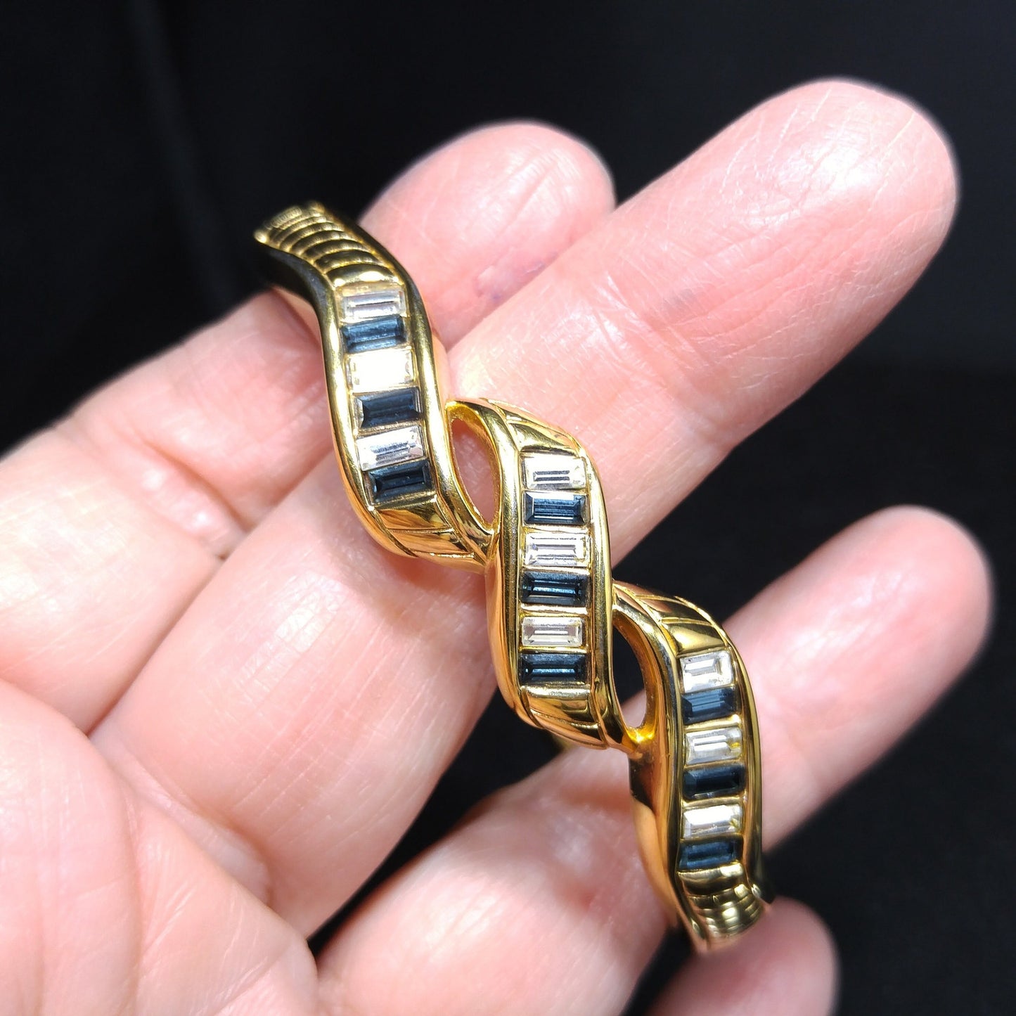 Swarovski Blue Rhinestone Hinged Bracelet, Gold Plated, 1970s Vintage Jewelry