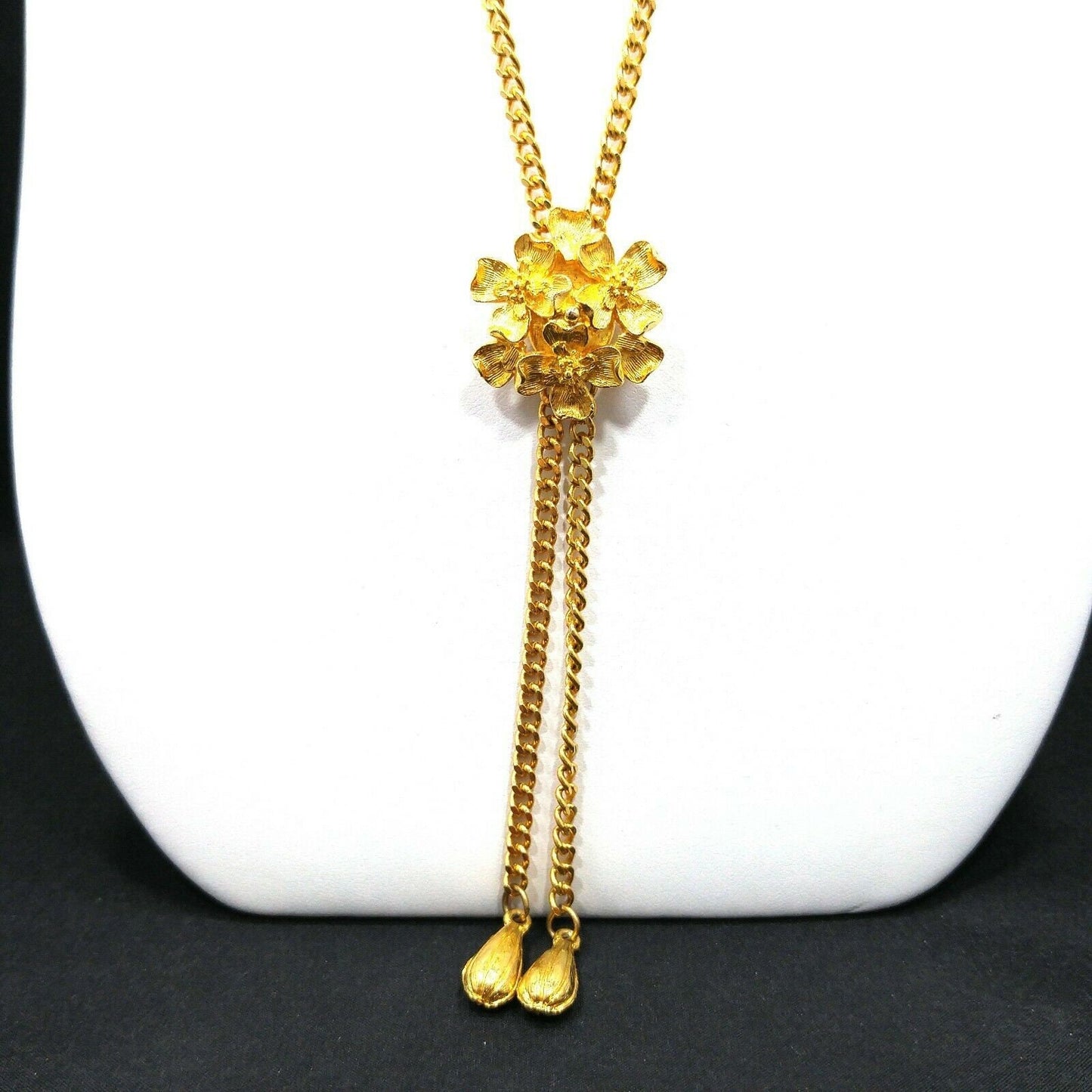 Vintage Florenza Lariat Floral Pendant, Gold Plated, Adjustable, 1960s Vintage Jewelry