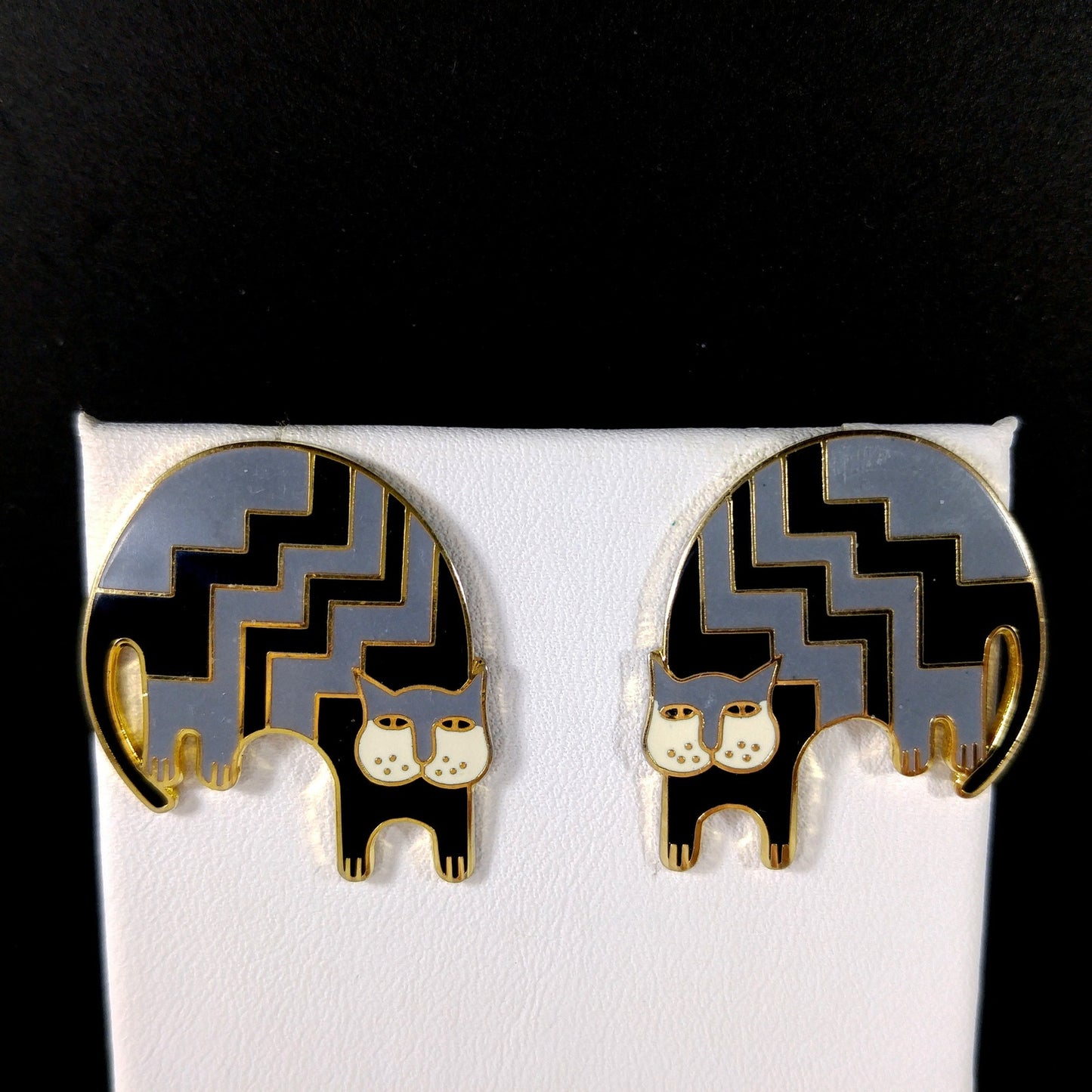 Vintage Laurel Burch "Aztec Cat" Post Earrings, Gold Plated, Black Gray Enamel