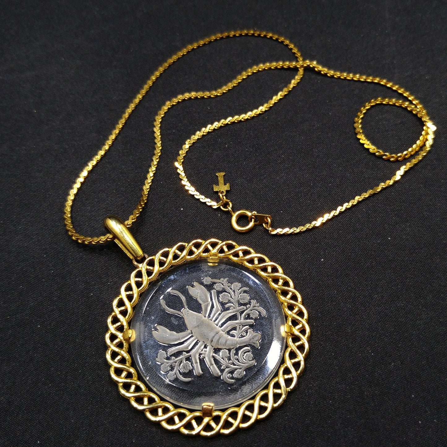 Vintage Crown Trifari Zodiac "Cancer" Necklace, Glass Intaglio Crab, Gold Plated, 1960s Vintage Jewelry