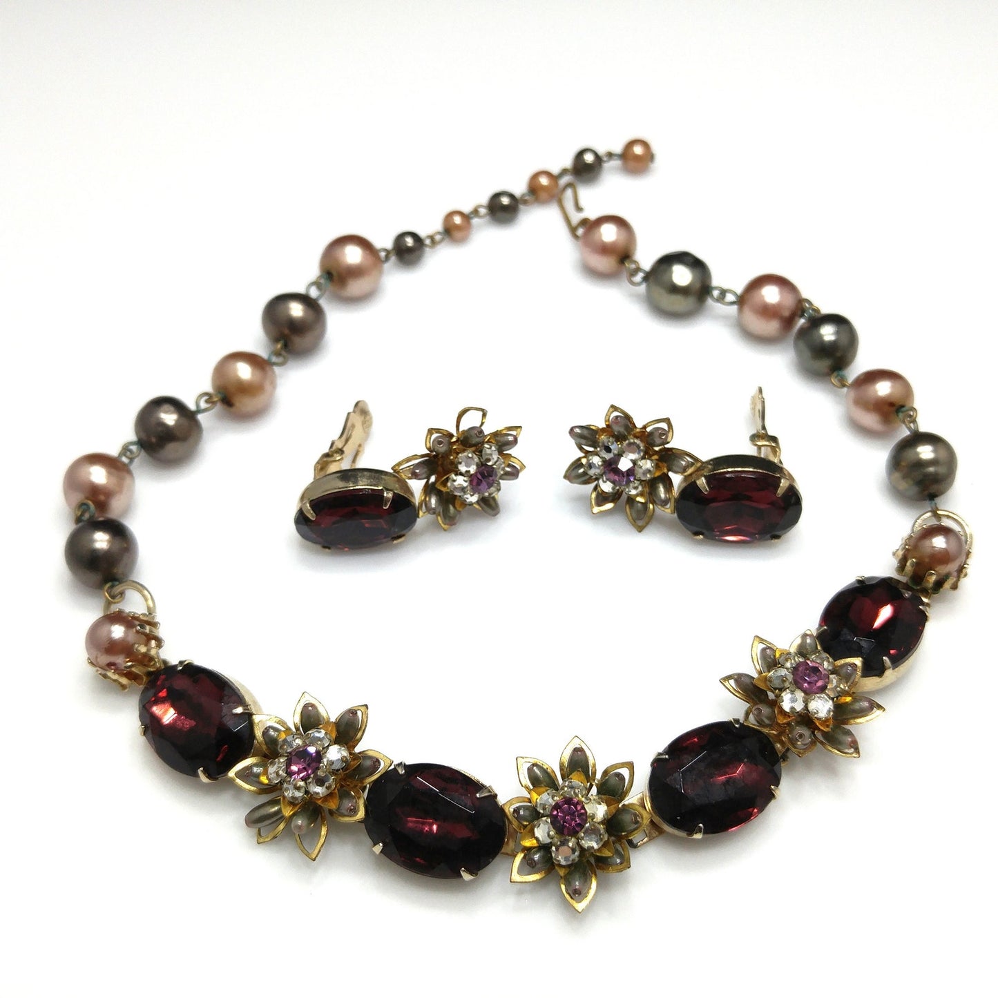 Purple Rhinestone Floral Necklace Earrings, Faux Pearls, 1950s Vintage Jewelry