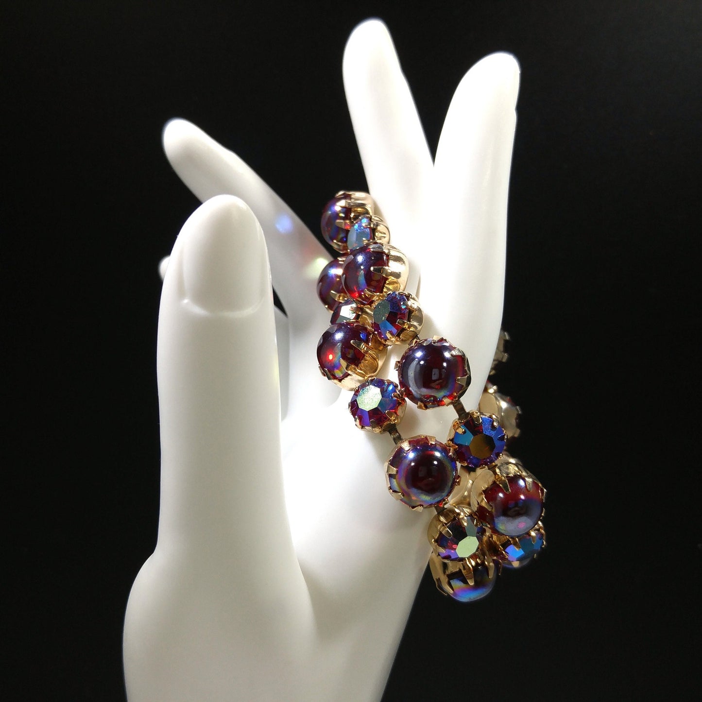 Mid-Century Red Aurora Borealis Rhinestone Cabochon Bracelet, Gold Plated, 1960s Vintage Jewelry