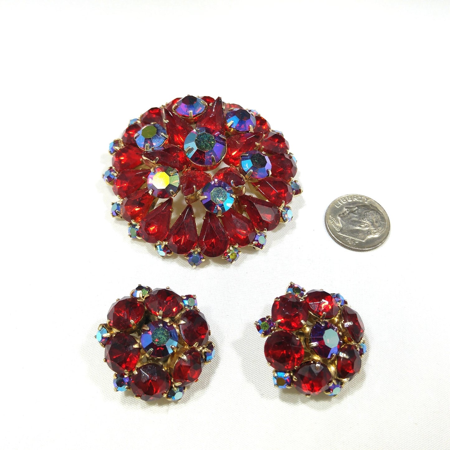 Red Rhinestone Aurora Borealis Brooch Earrings Set, Gold Plated, 1960s Vintage Jewelry