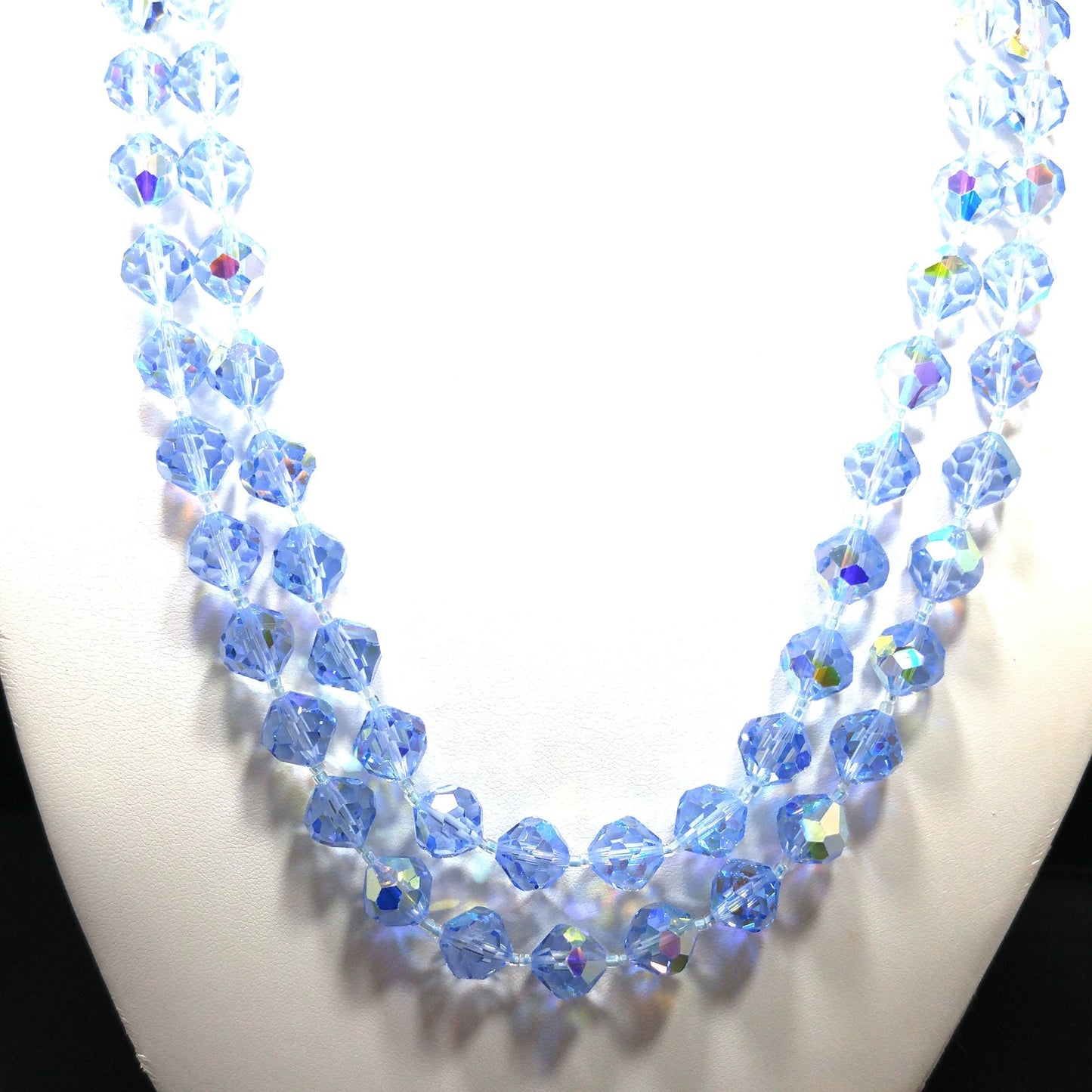 Light Blue Crystal Necklace Clip Earrings Set, Aurora Borealis, 1960s Vintage Jewelry