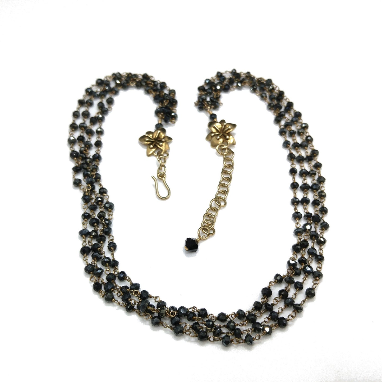 Hand Cut Crystal Wire Wrapped Necklace, Four Strands, Gold Silver Flowers, 1940s Vintage Jewelry