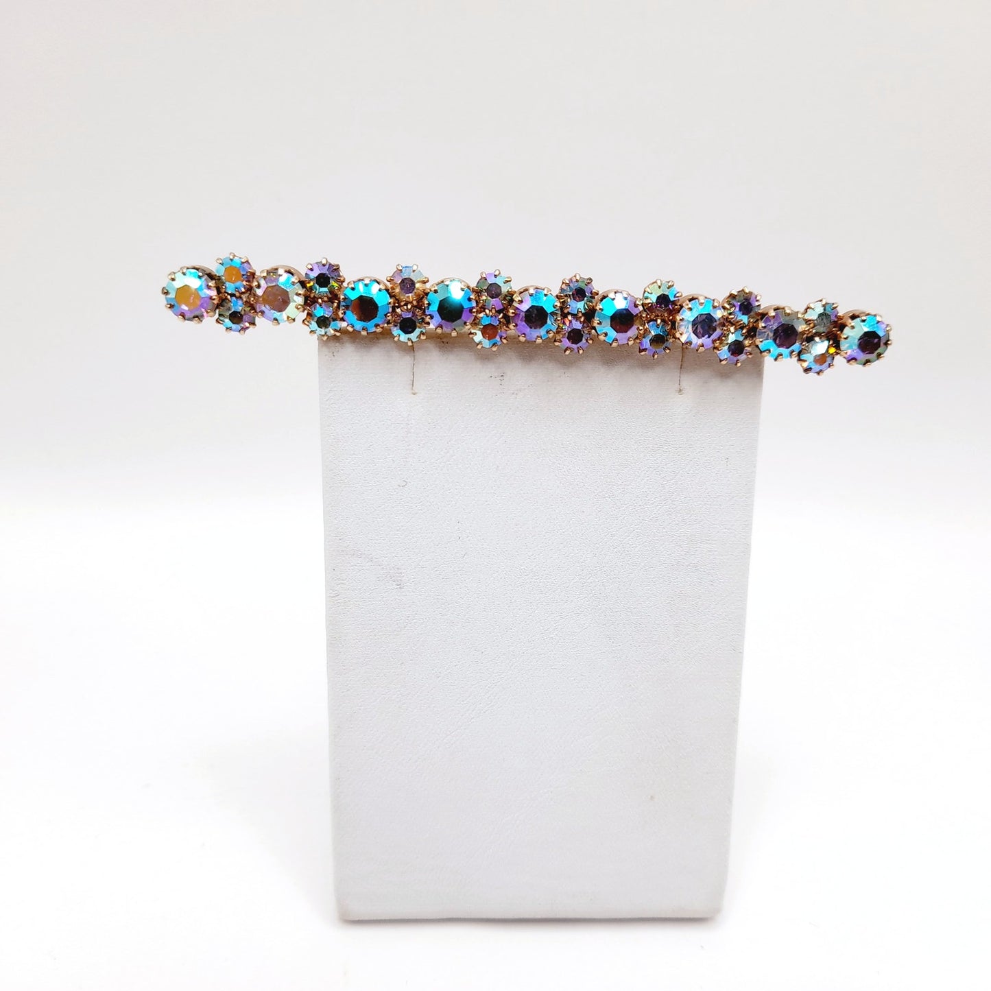 Vintage Aurora Borealis Rhinestone Bar Pin, Gold Plated Backing, Prong Set, 3 1/2 Inch