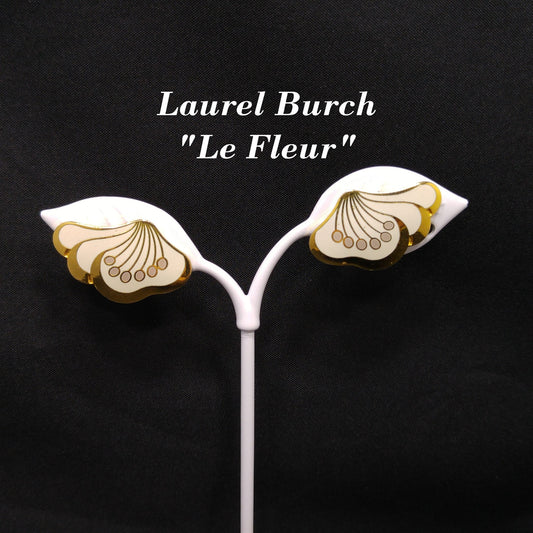 Laurel Burch "Le Fleur" Gold & White Clip Earrings, Gold Plated, 1980s Vintage