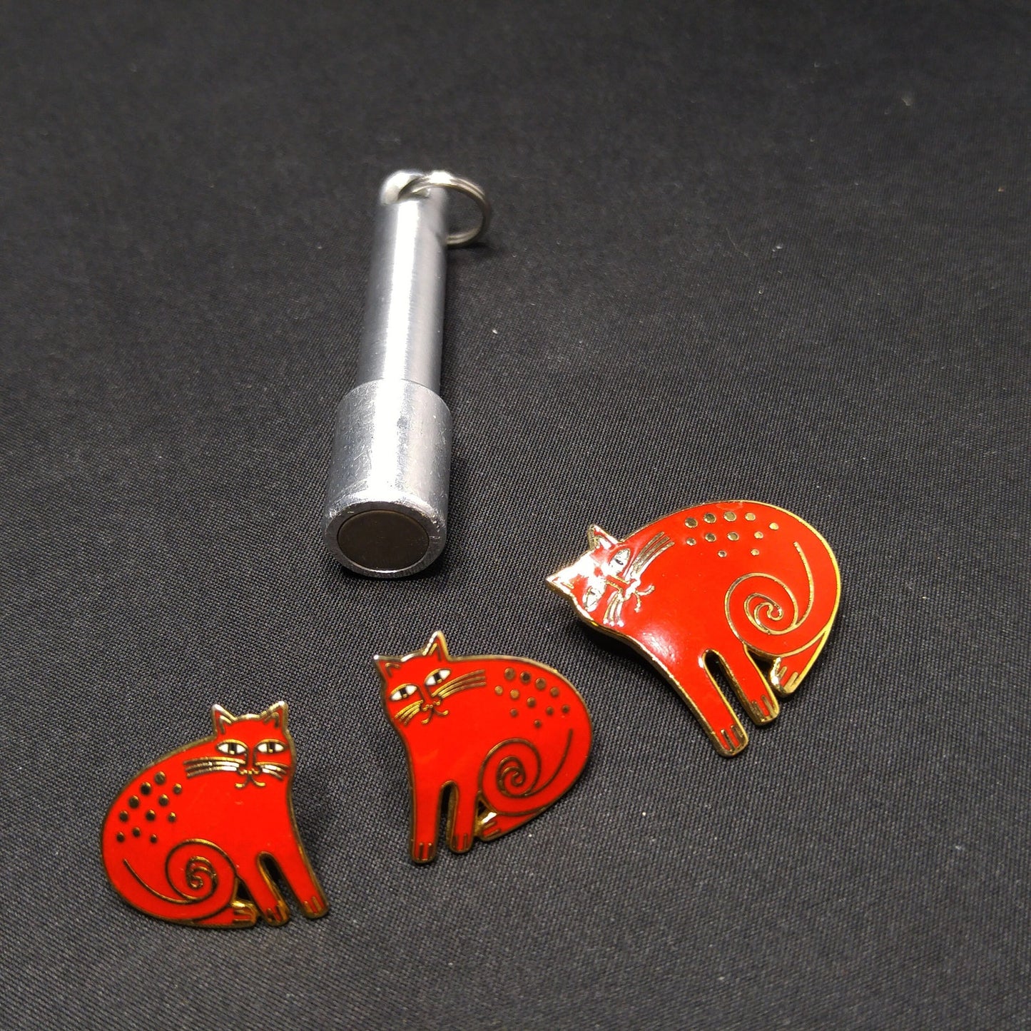 Laurel Burch "Keshire Cat" Red Enamel Brooch & Post Earrings, Gold Plated Cloisonne