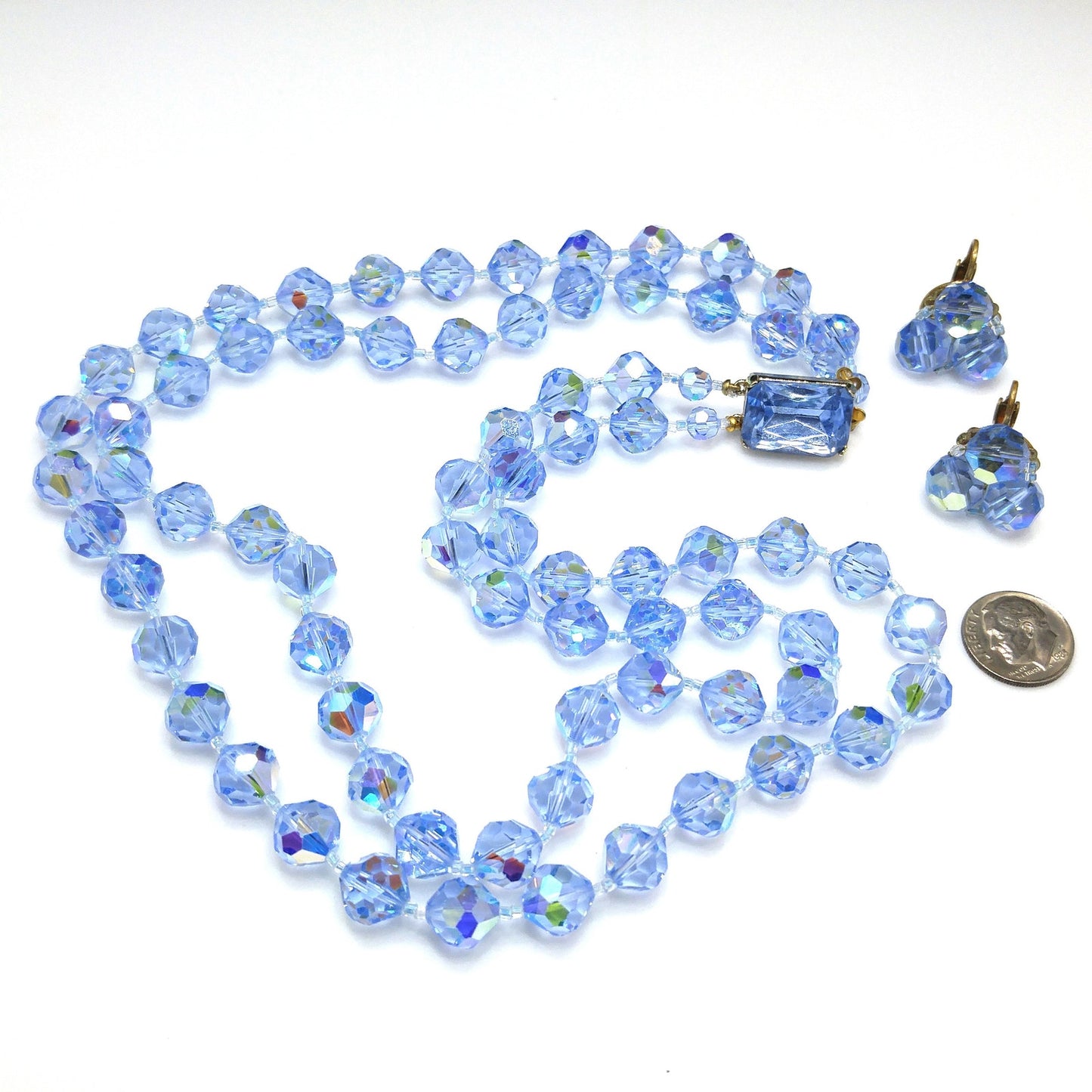 Light Blue Crystal Necklace Clip Earrings Set, Aurora Borealis, 1960s Vintage Jewelry