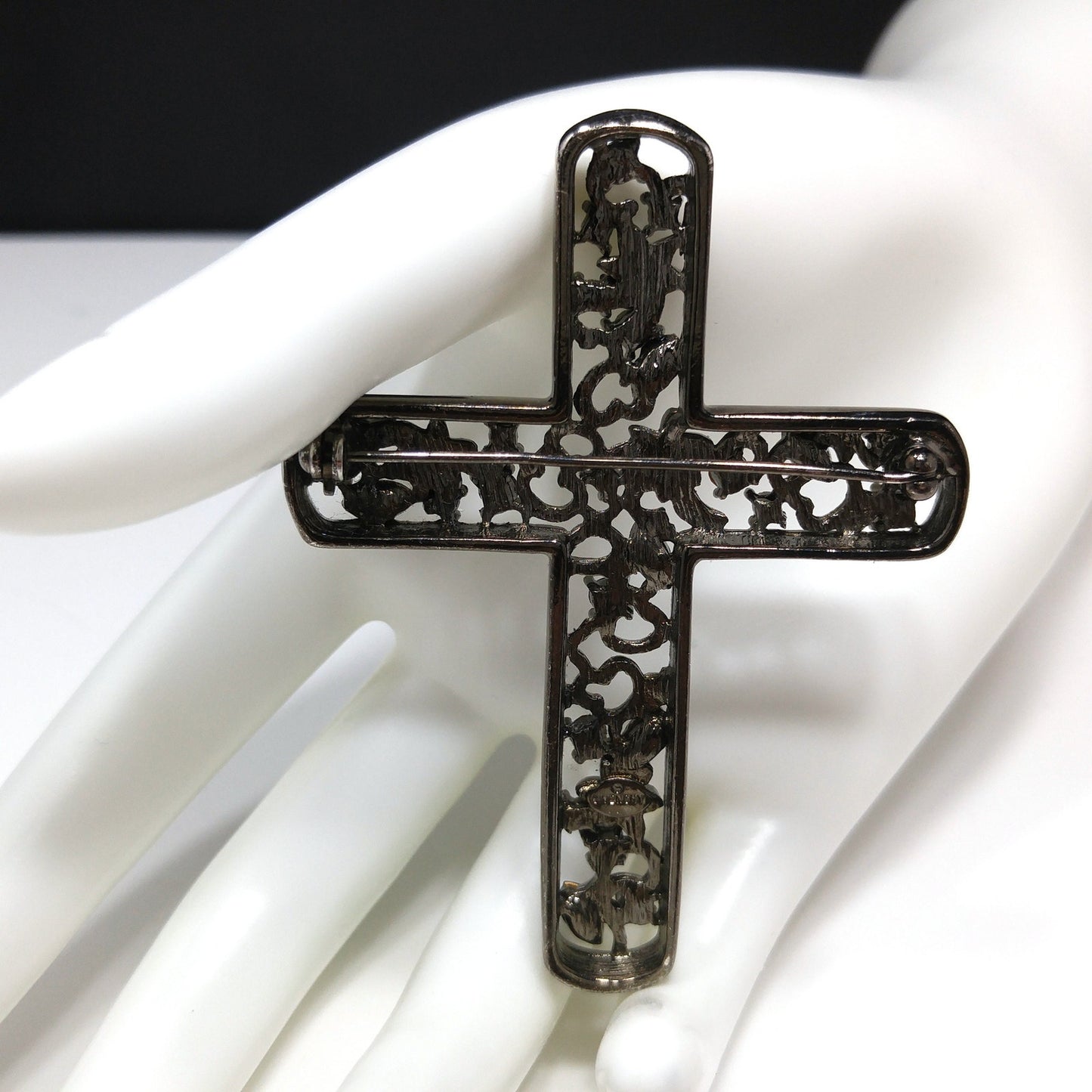 Givenchy Large Cross Brooch, Aurora Borealis Blue Rhinestones, 1990s Vintage Jewelry