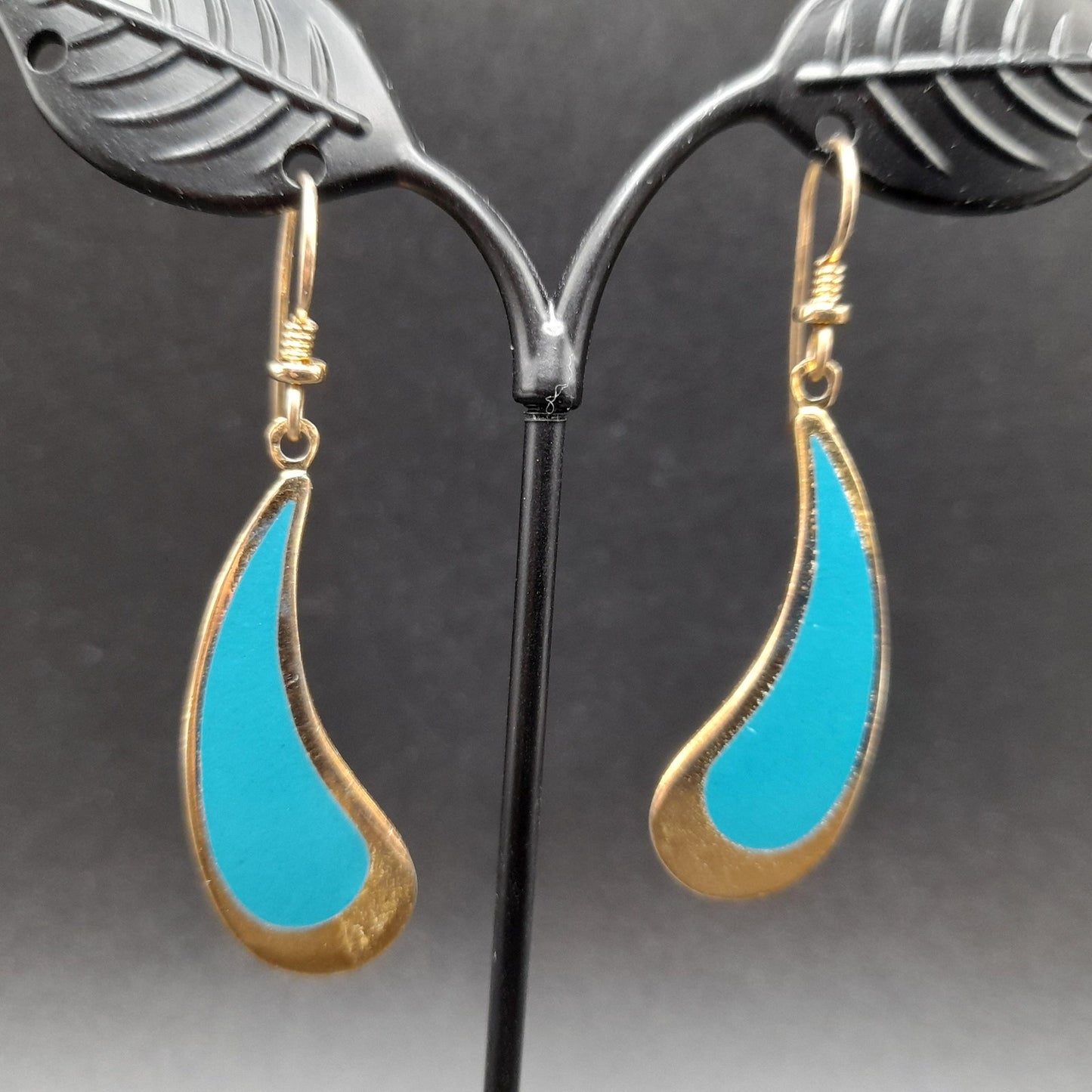 Vintage Laurel Burch Turquoise Drop Earrings, Curved Teardrop, Gold Plated