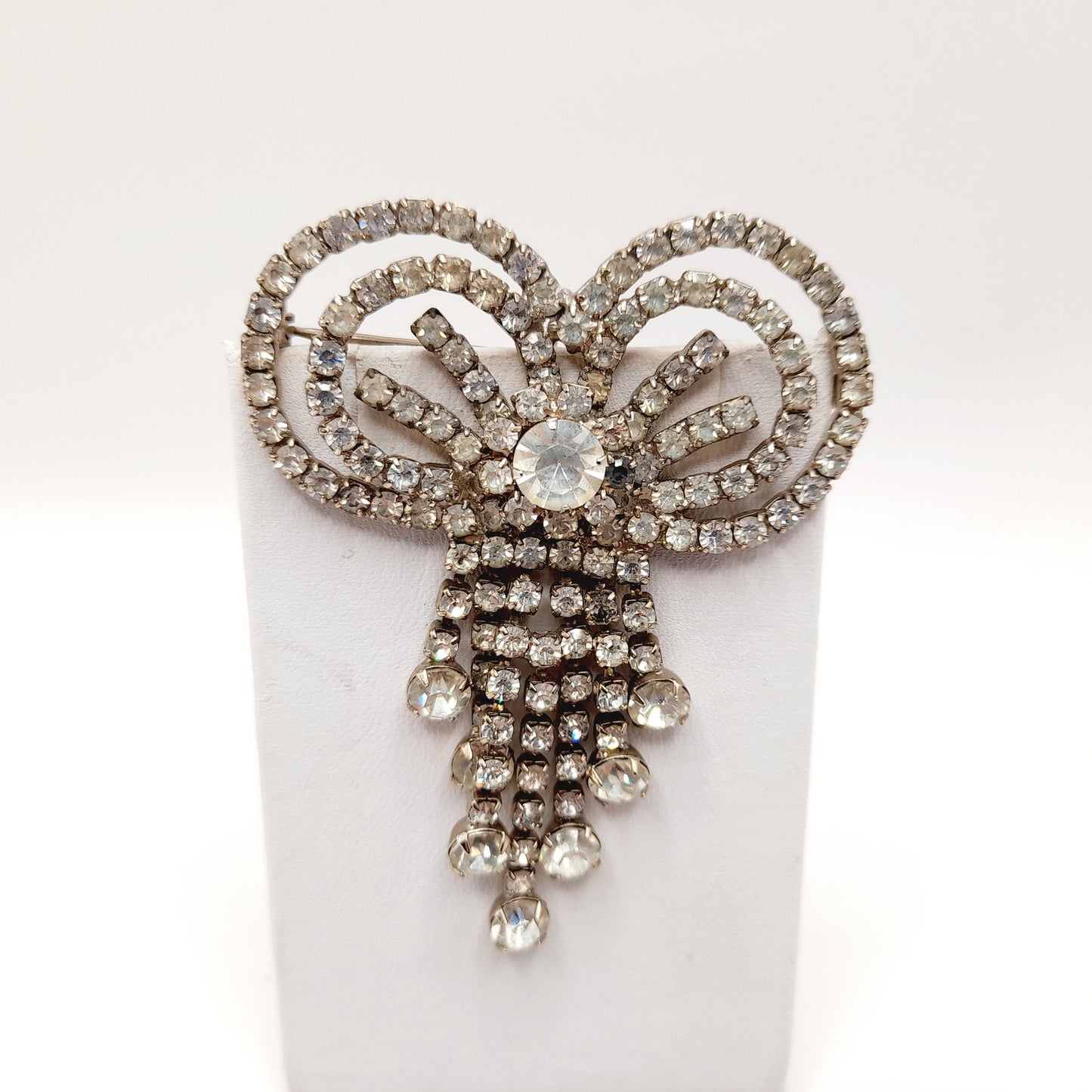 Vintage Clear Rhinestone Bow Brooch, Silver Tone Dangle Design, Midcentury Sparkle, 2 3/4 Inches