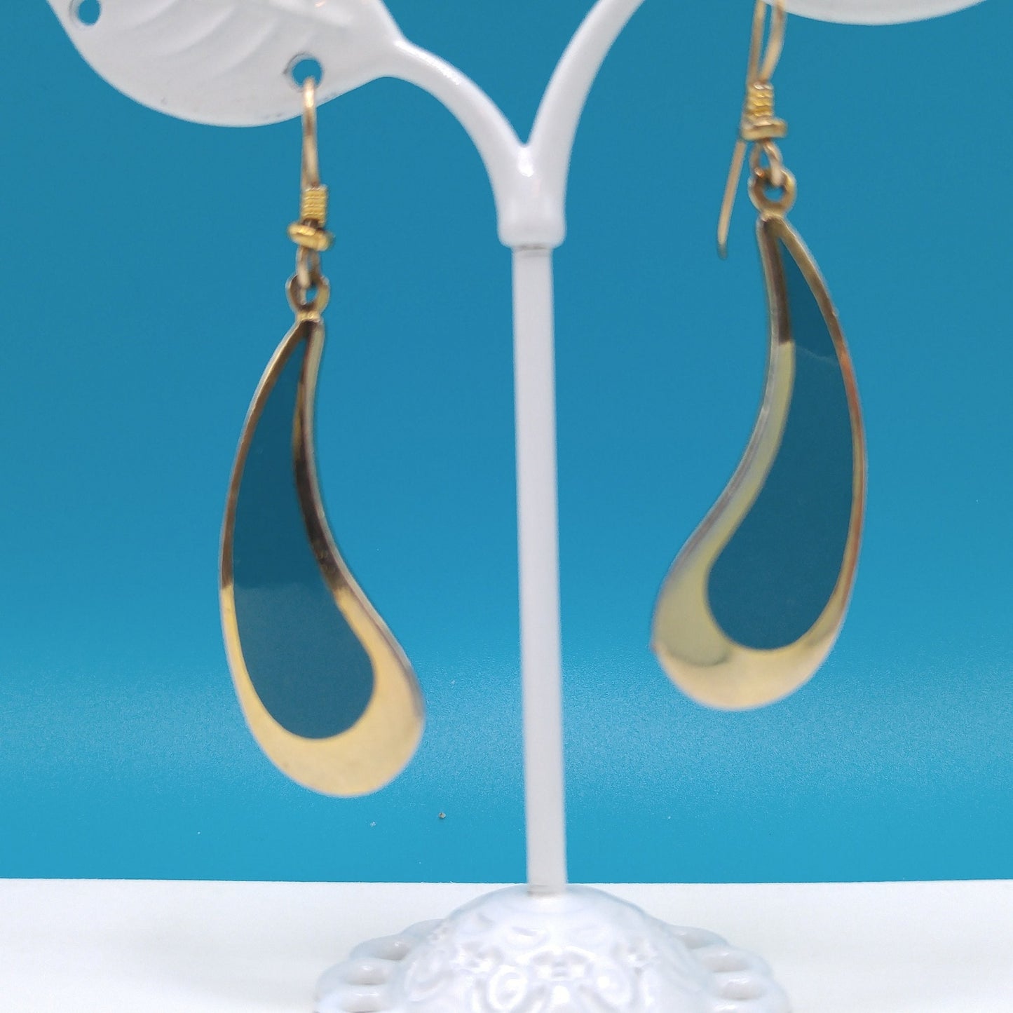 Vintage Laurel Burch Turquoise Drop Earrings, Curved Teardrop, Gold Plated
