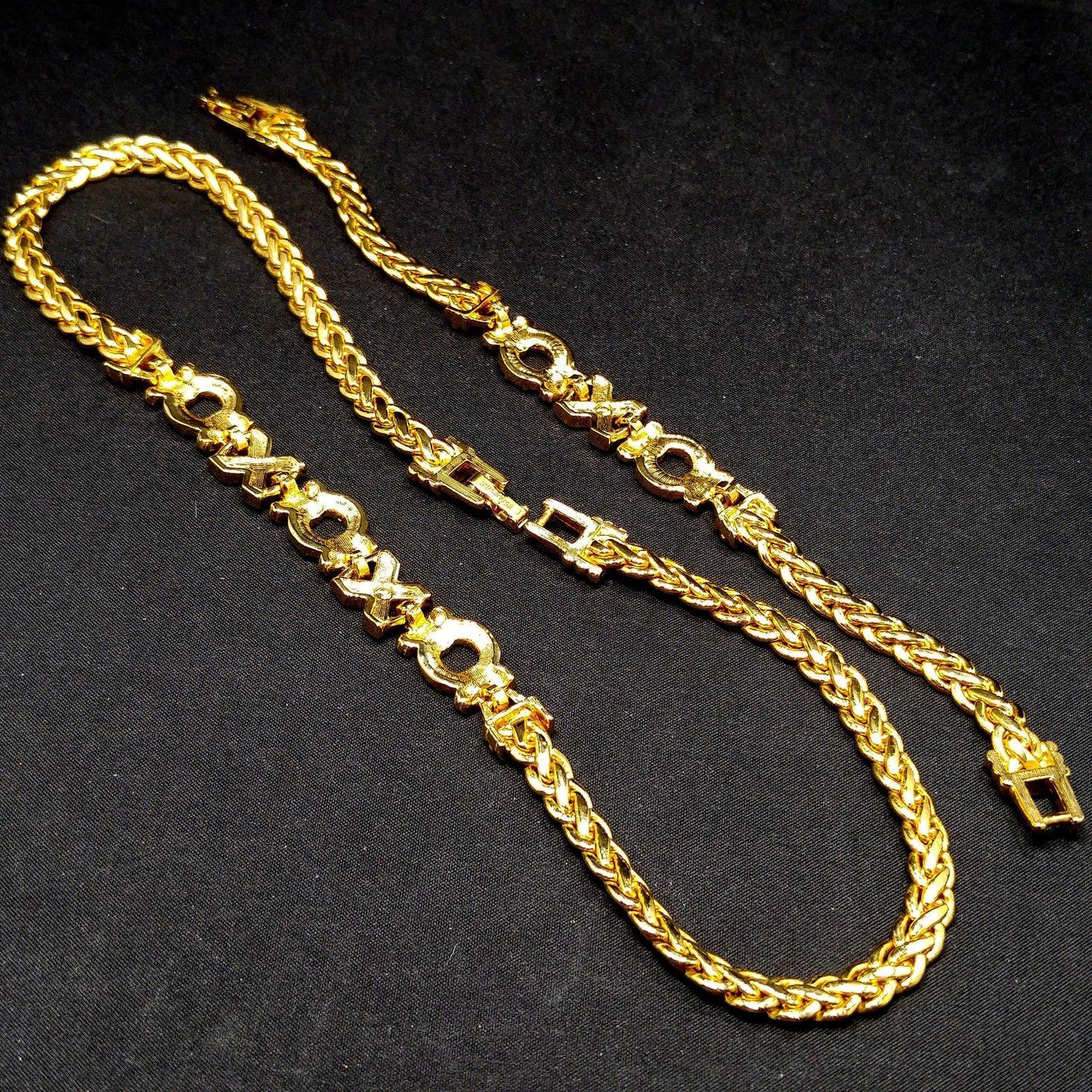 Swarovski Necklace & Bracelet Set – 1980s 1990s Gold Plated XOXO Design with Clear Rhinestones, Signed Swan Logo