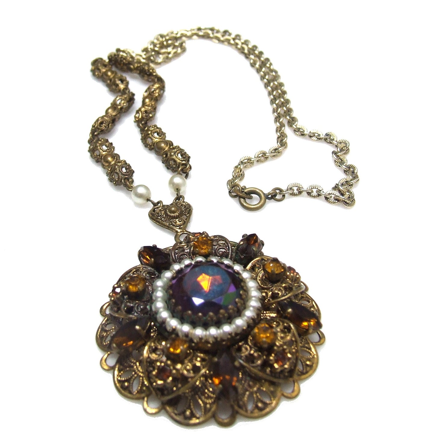 West Germany Carnival Glass Topaz Rhinestone Necklace, Faux Pearls, Filigree 1950s Vintage Jewelry