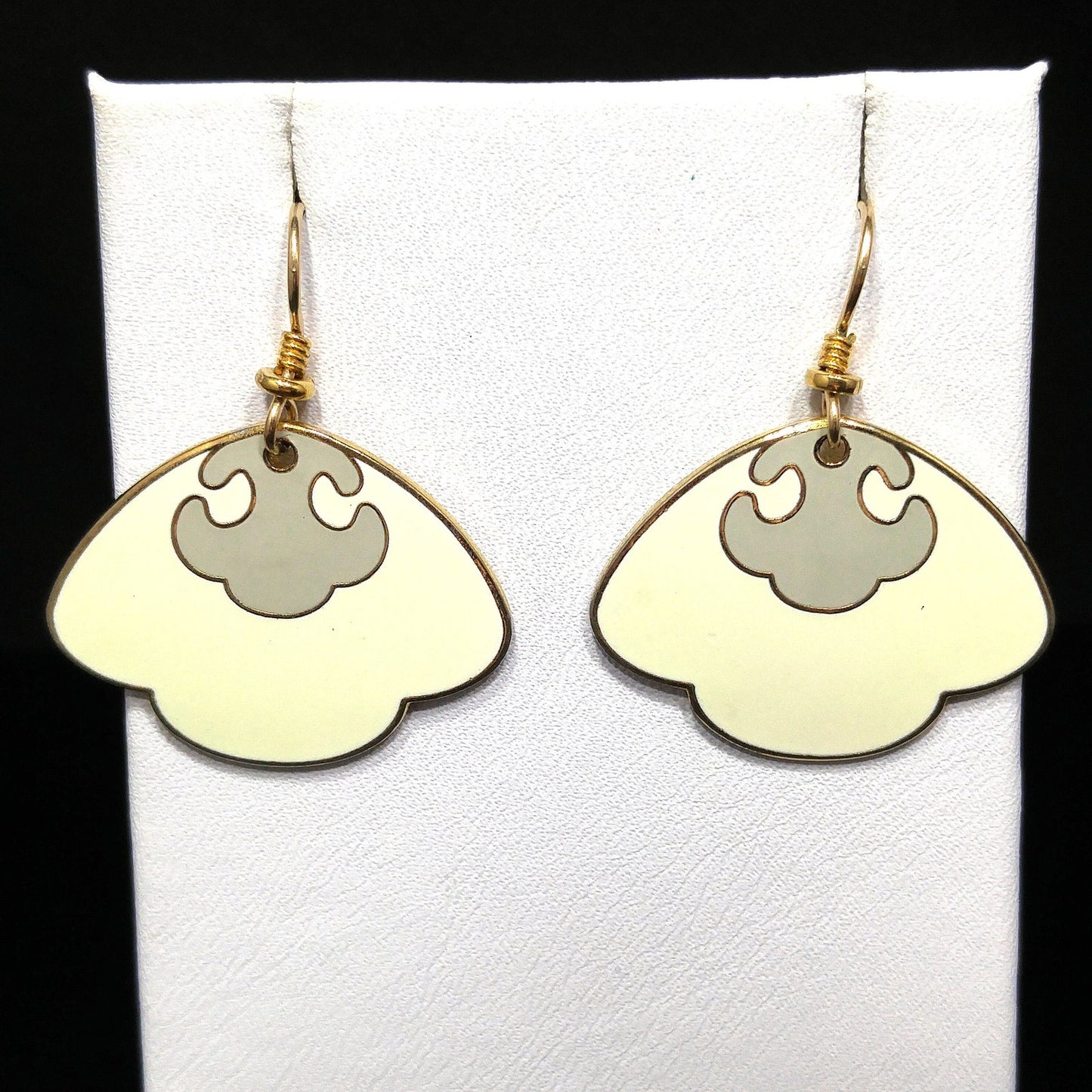 Vintage Laurel Burch Cream Scalloped Fan Earrings, Cream & Gray, Gold Plated