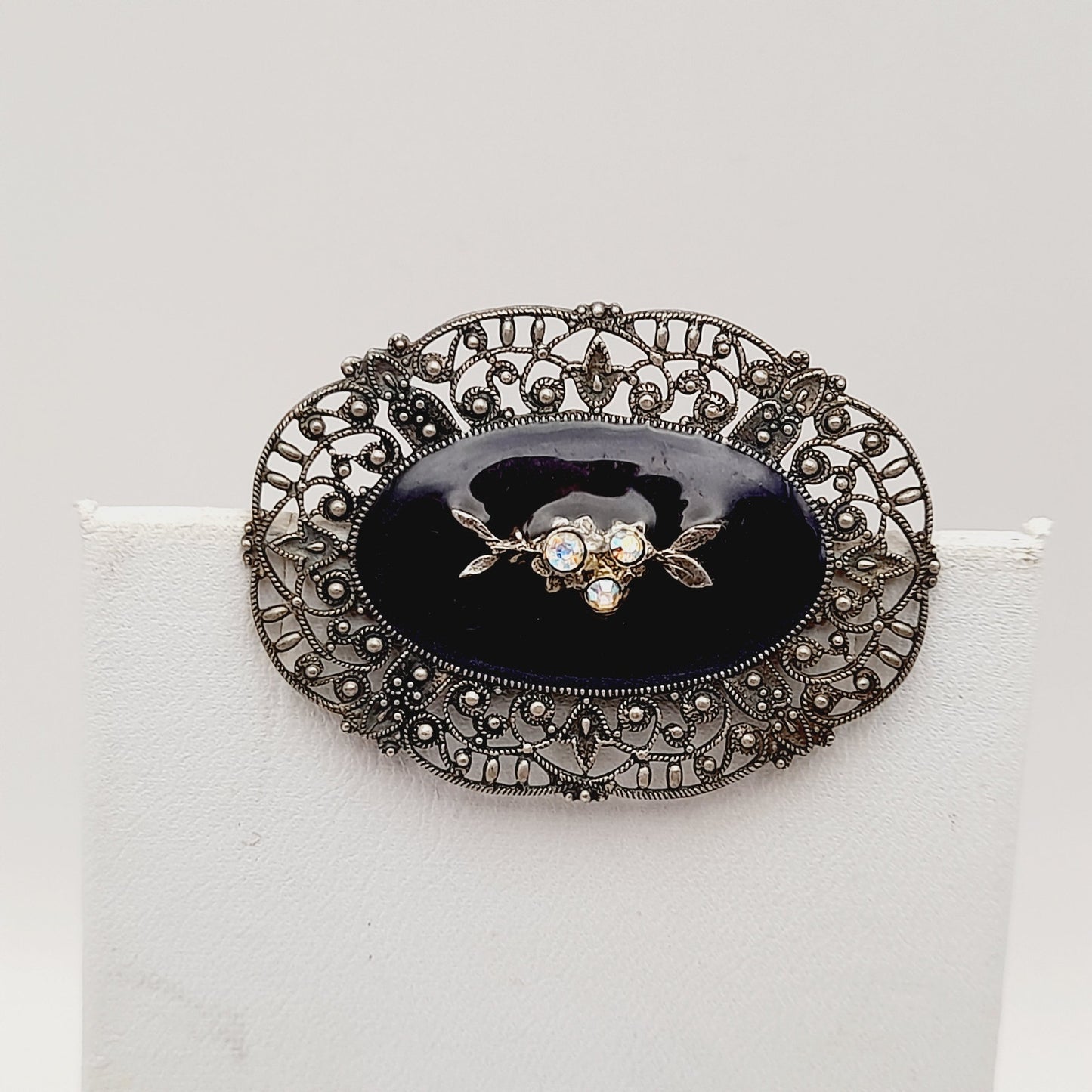 Vintage Catherine Popesco Art Deco Black Enamel AB Rhinestones Brooch