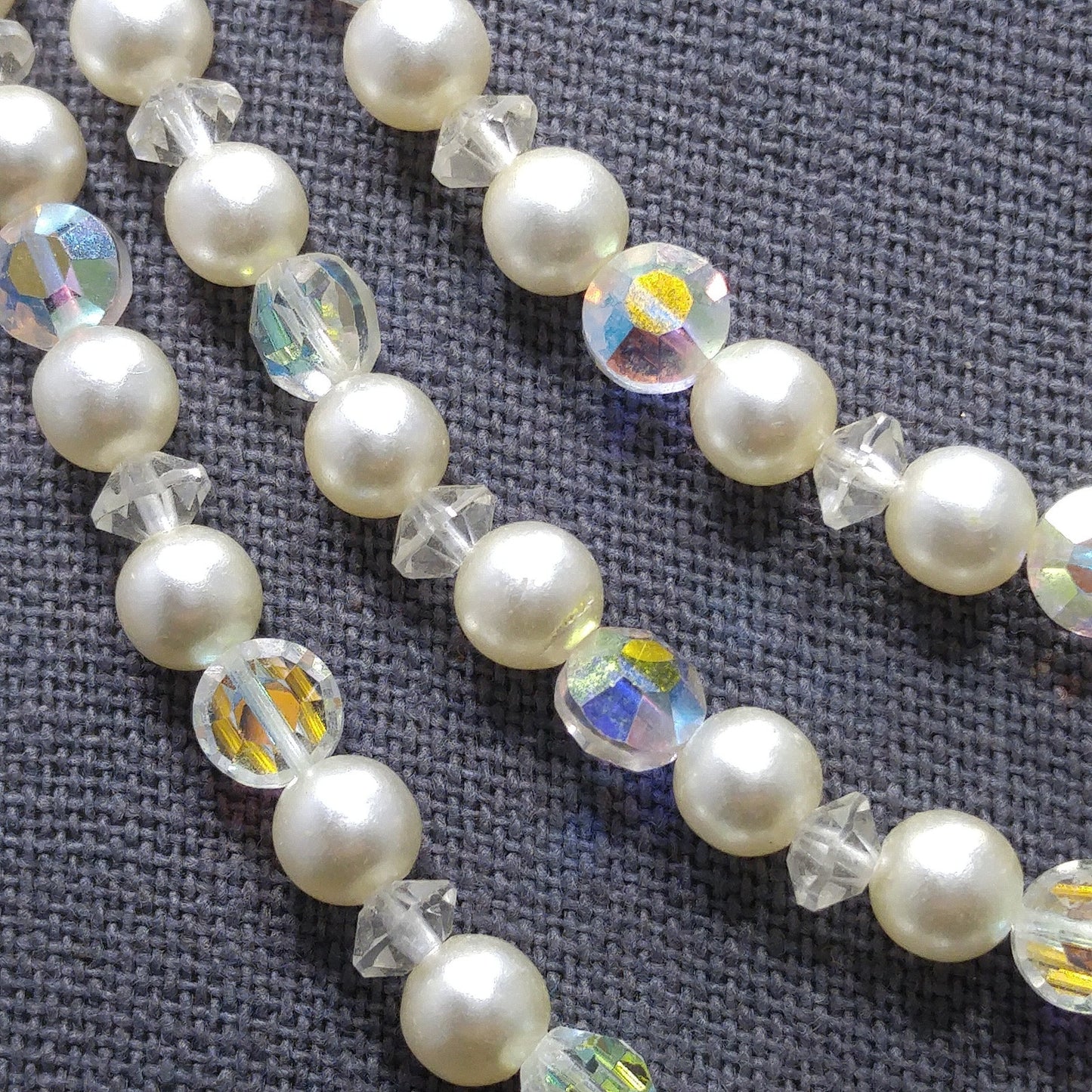 Mid-Century Crystal Faux Pearl Necklace, Three Strands, 1950s Vintage Jewelry