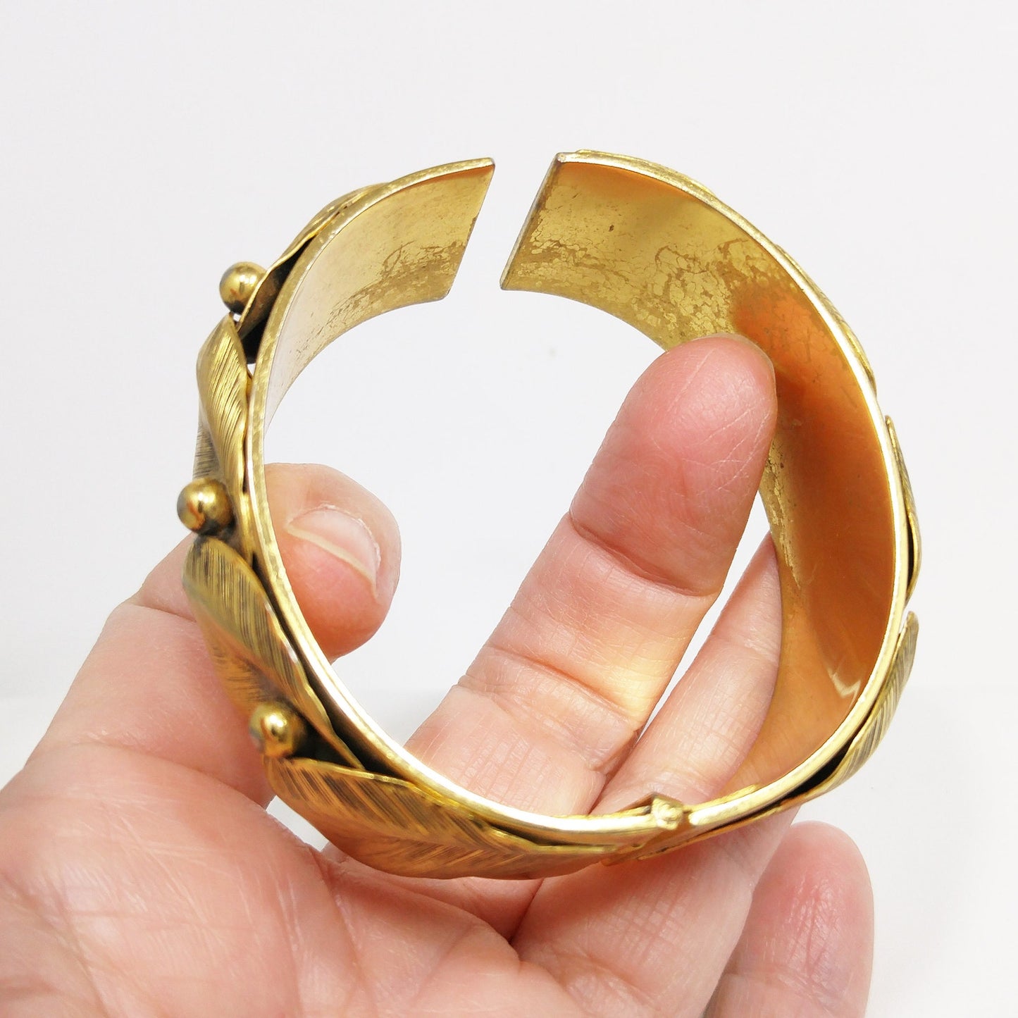 Whiting & Davis Gold Plated Leaf Bracelet, Hinged Wide Clamper, 1950s Vintage