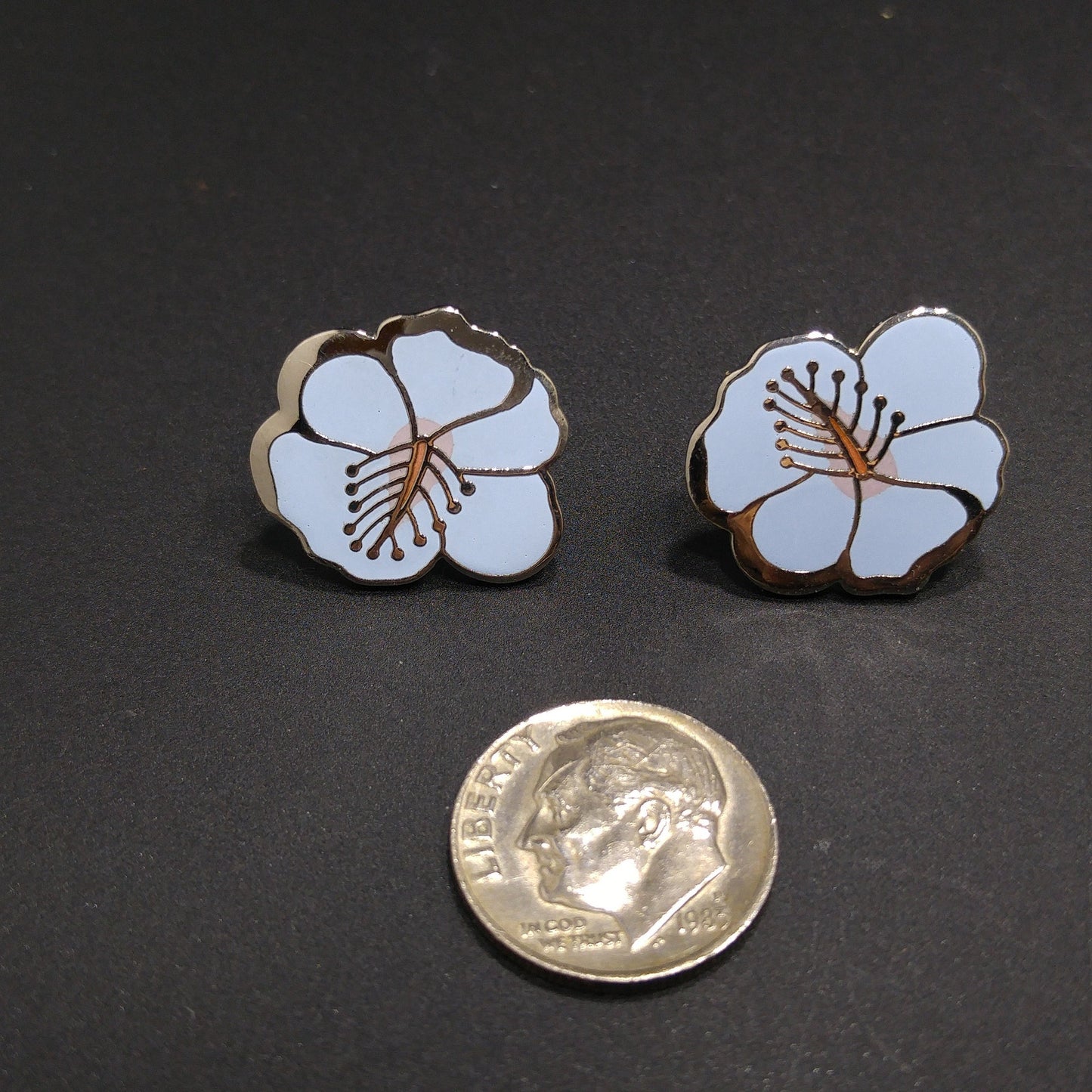 Vintage Laurel Burch "Hibiscus" Blue Post Earrings, Rhodium Plated Silver Tone