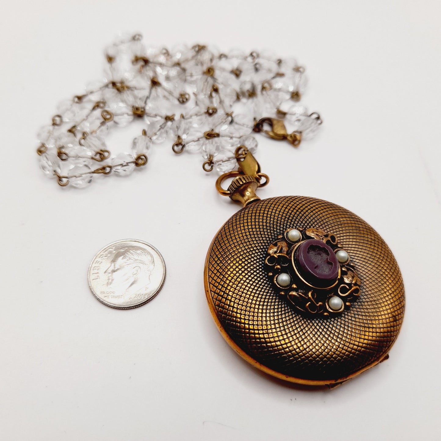 Vintage Extasia Intaglio Pocket Watch Style Locket Clear Bead Necklace, 28 Inches