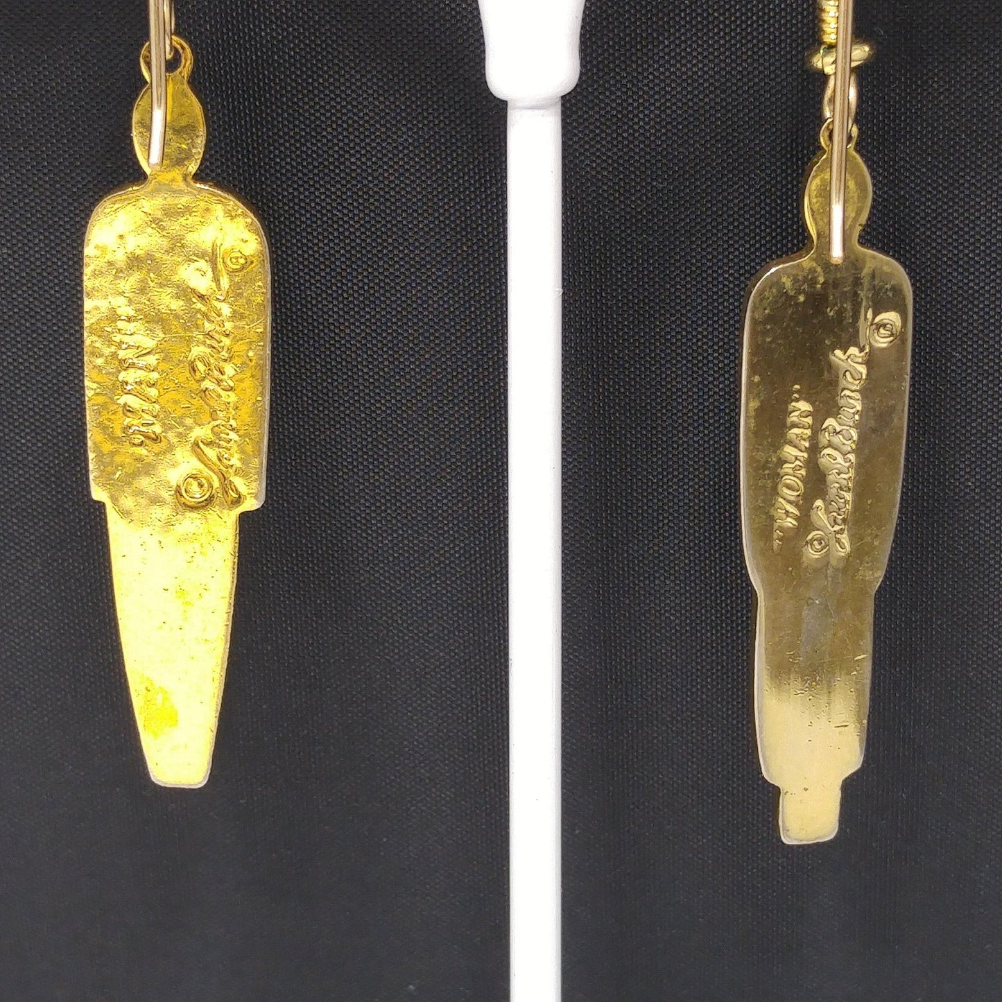 Laurel Burch "Man" & "Woman" Tribal Earrings, Gold Plated, 1980s Vintage Jewelry
